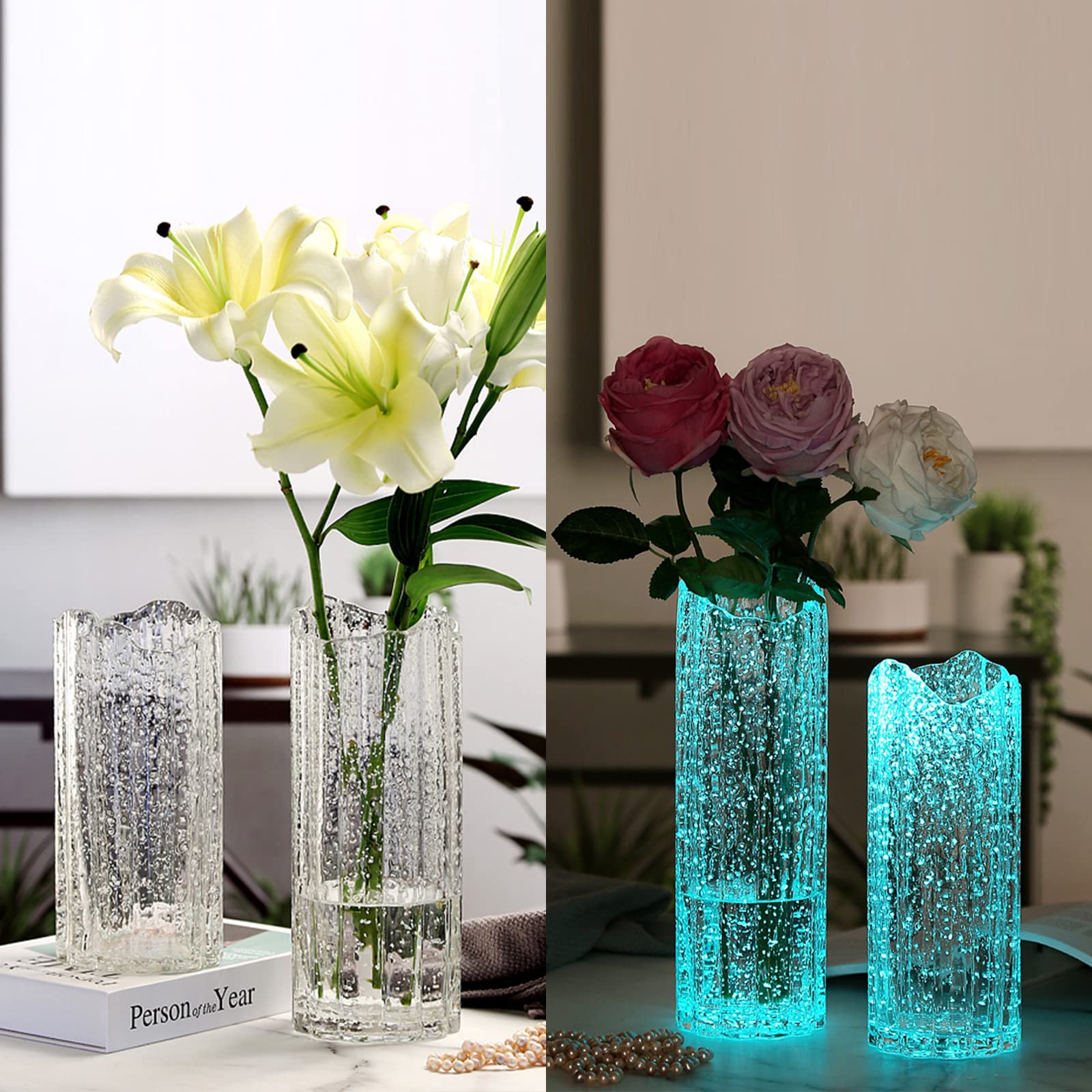 Amazon.co.jp: KWQBHW ルミナス ガラス 花瓶 円柱 花瓶 透明 波 口 