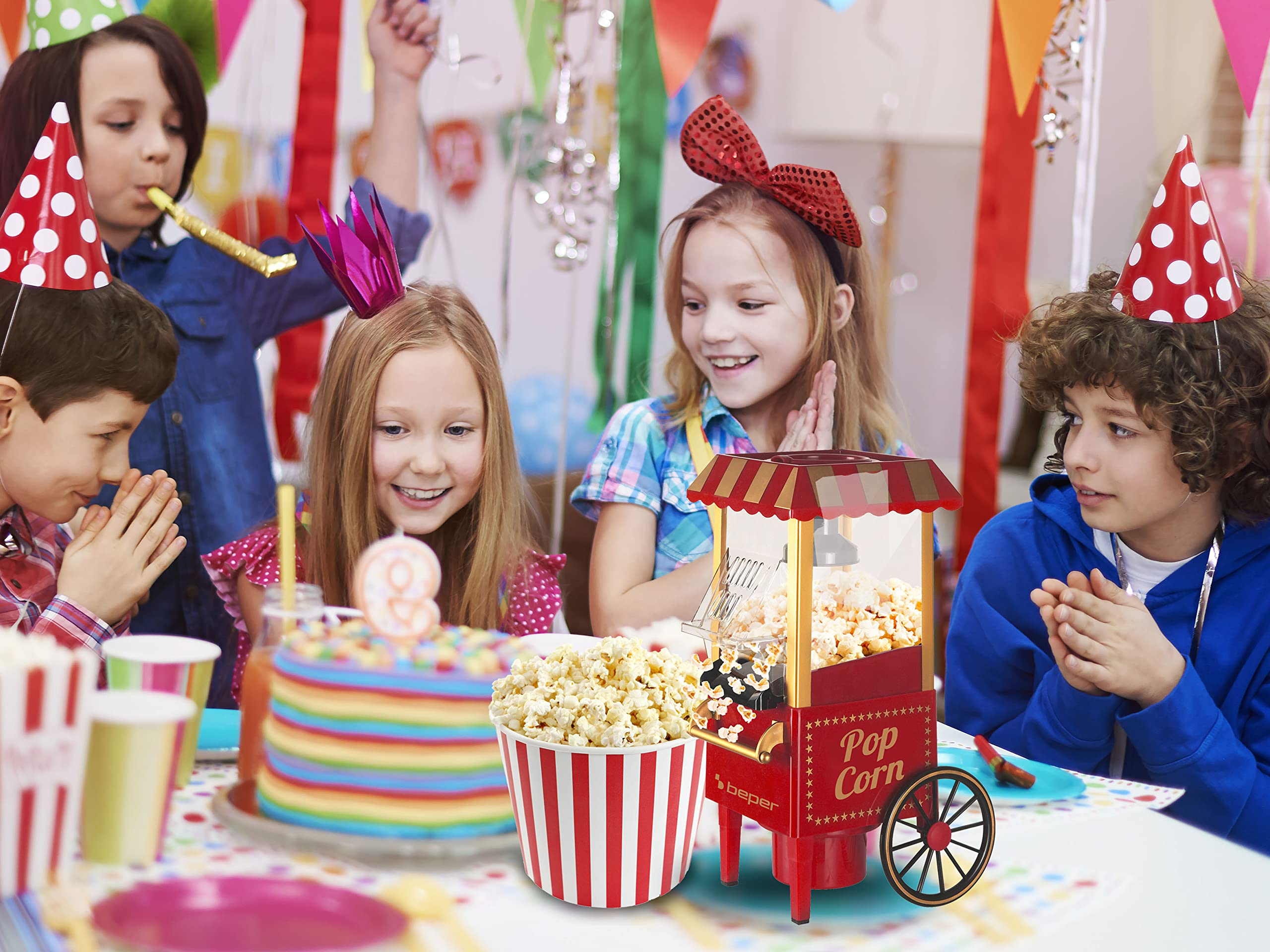 BEPER Macchina per Popcorn, Popcorn in 3 Minuti, No Grassi, Circolazione di Aria Calda, Senza Olio Potenza 1200 W, Rosso/ Oro