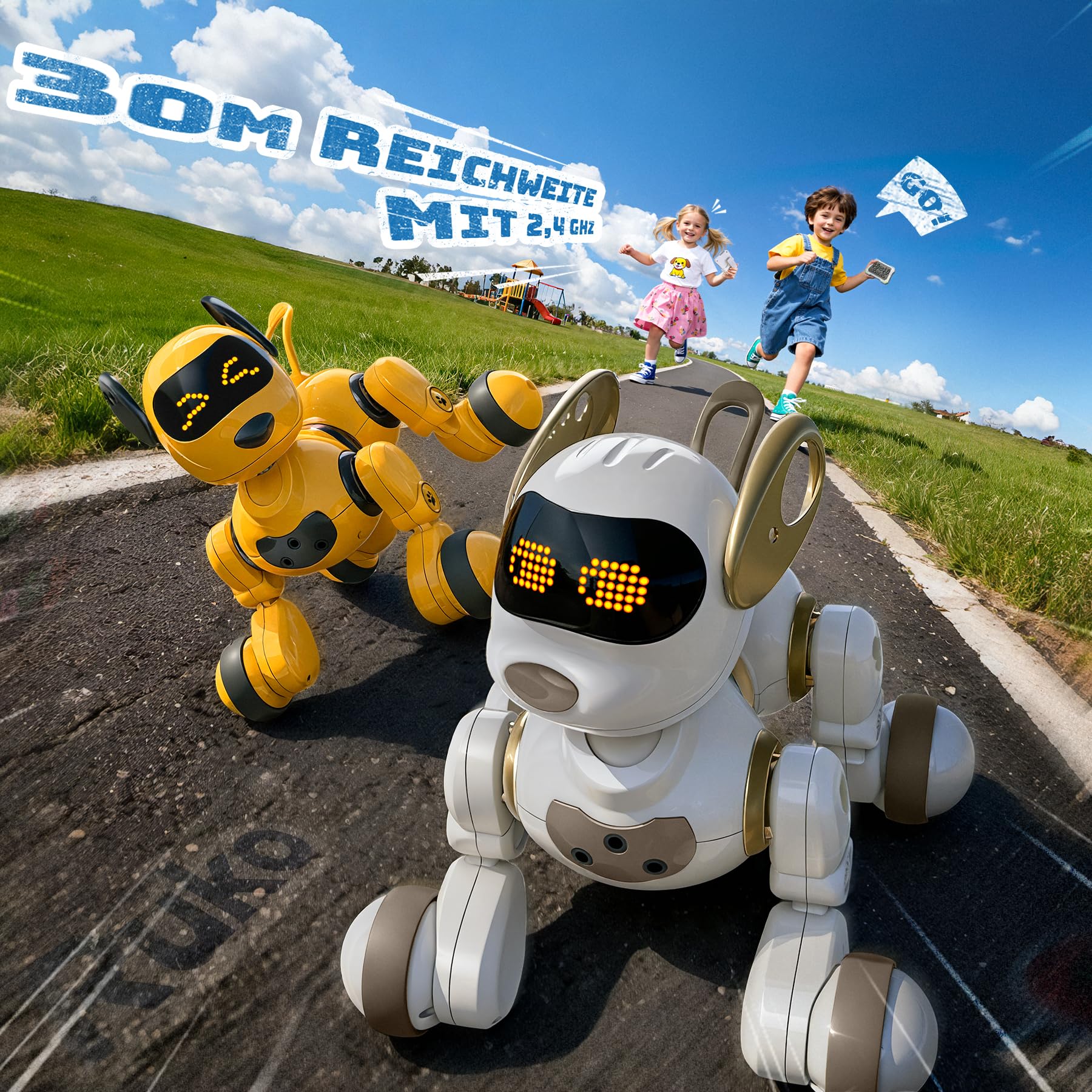 Ruko 18011 Intelligenter Roboter Hund, Interaktiver Spielzeughund mit 30 LED-Ausdrücken, 20 Aktionen & 50 programmierbaren Befehlen, Berührungssteuerung Roboter Kinder, ab 3 Jahren, Weiß-Gold