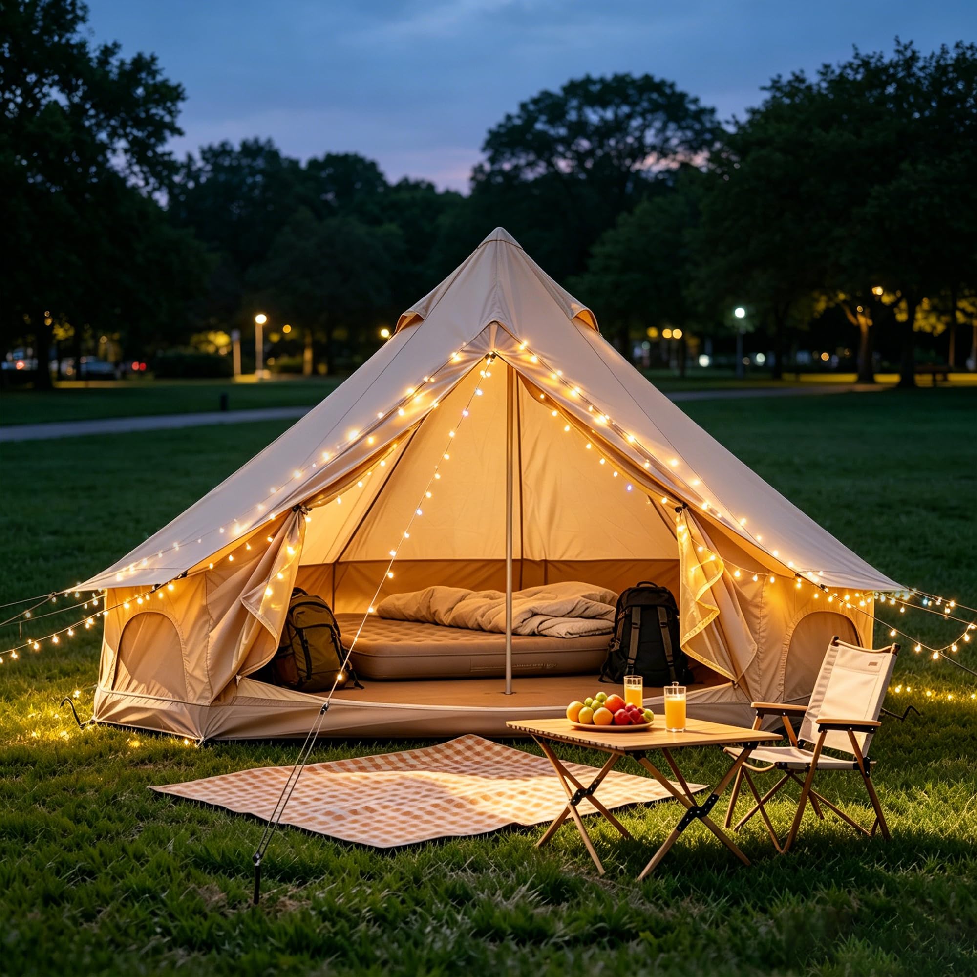 Bell Tipi Zelt Outdoor, 3M & 4M 4-Jahreszeiten Canvas Wasserdichtes Zelt für Camping, 4M Zelt Abnehmbarer Seitenwand, Gruppen Familien, Camping, Feste