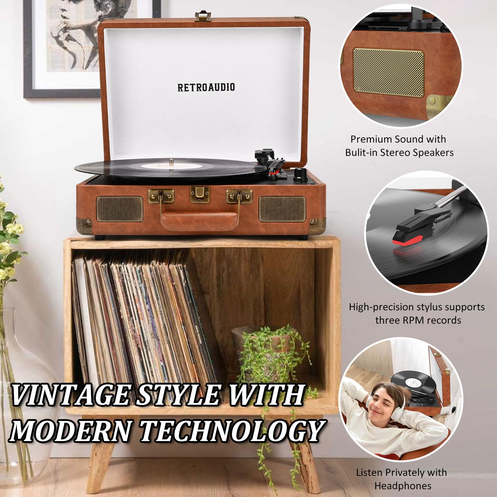 Tragbarer Kofferplattenspieler mit Bluetooth, 3 Geschwindigkeiten, 2 integrierten Stereolautsprechern, riemengetriebenem Plattenspieler für Vinyl-Schallplatten, RCA-Line-Out und AUX-Out