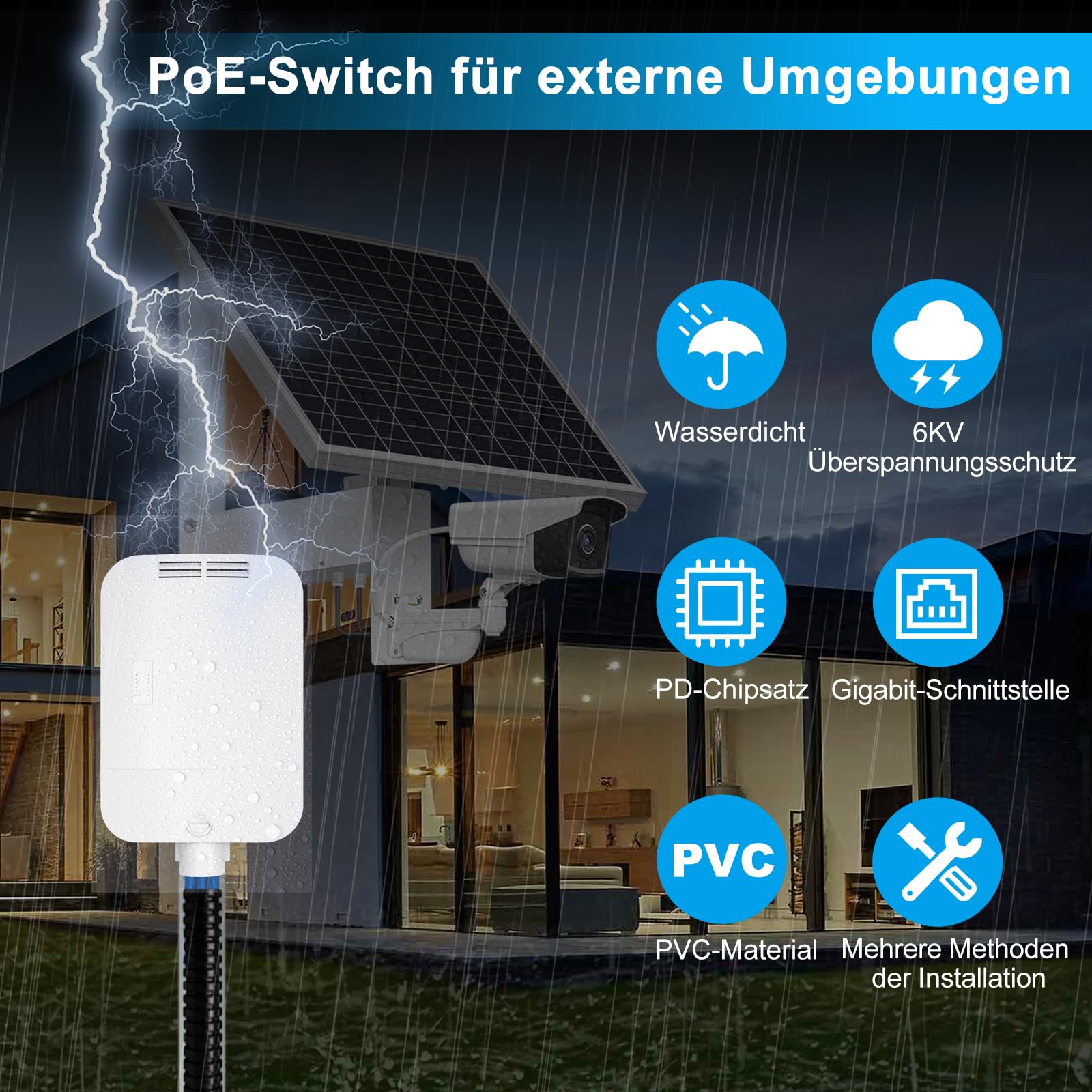 PoE-Switch für den Außenbereich,IP65 wasserdicht 4-Ports-Gigabit mit 30 W pro Port,1*Gigabit-Uplink-Port und 1*SFP-Schnittstelle,65 W hohe Leistung,Plug & Play, Netzwerk-Hub,Ethernet-Splitter
