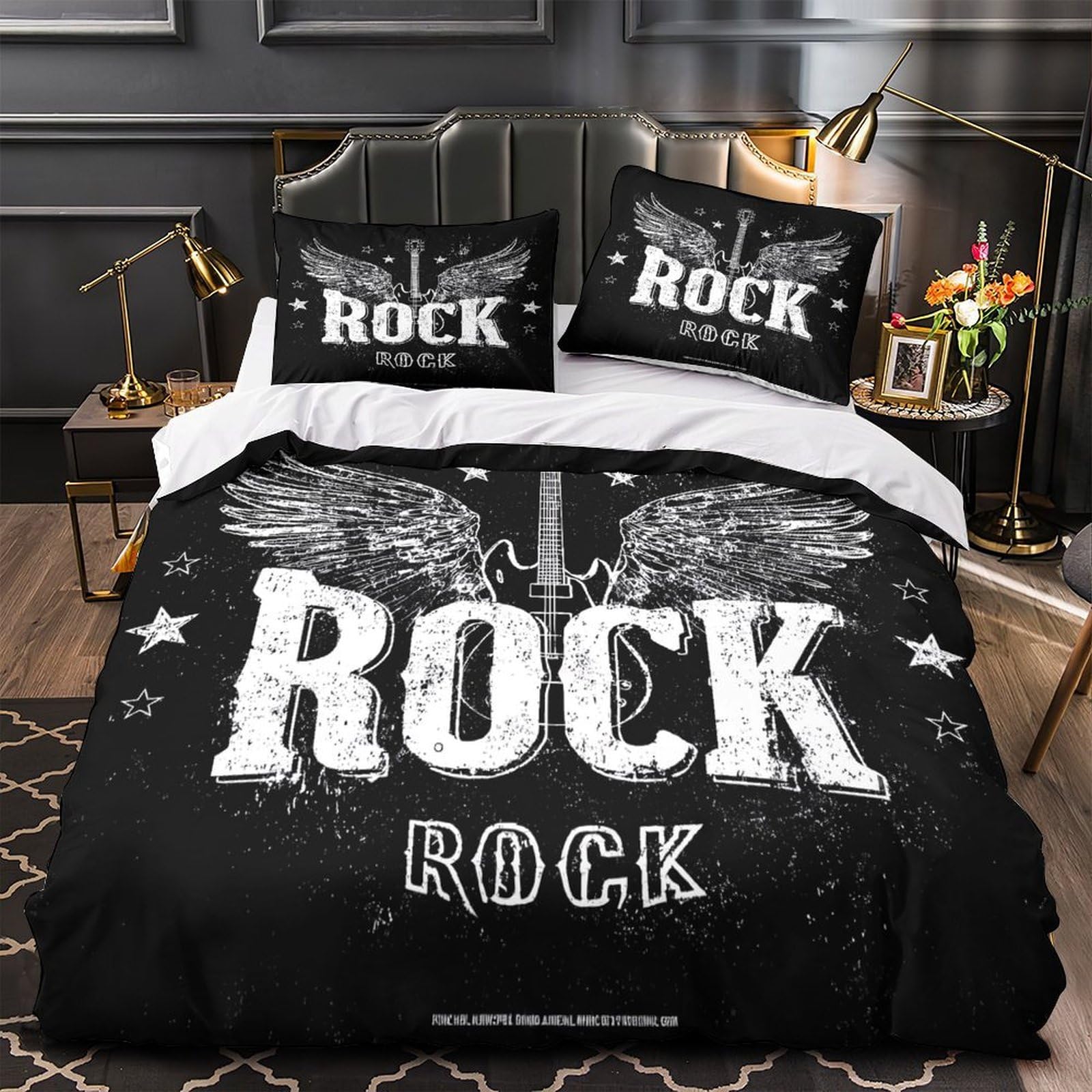 Rock guitar wingsSet Di Copripiumino morbida 3 Pezzi stampa di 3D con cerniera Vintage rock poster copripiumino con federa traspirante for bambini adulti ragazzi Super king（260x220cm）