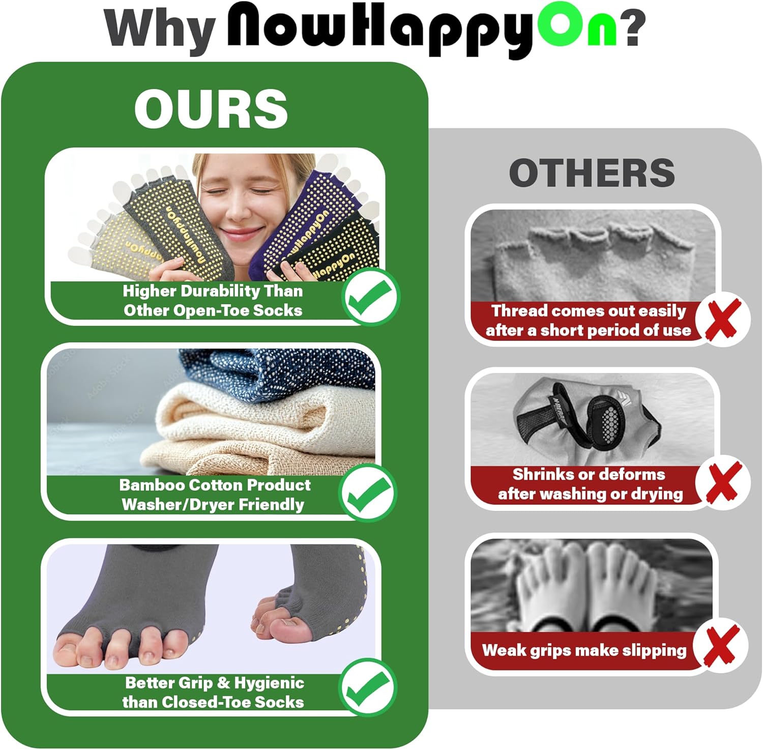 Yoga Socks For Women, Open-toe, Non-slip Grip, 2 Pairs for Ballet, Barre, Plasticity, Dance, Barefoot Workout - Image 7