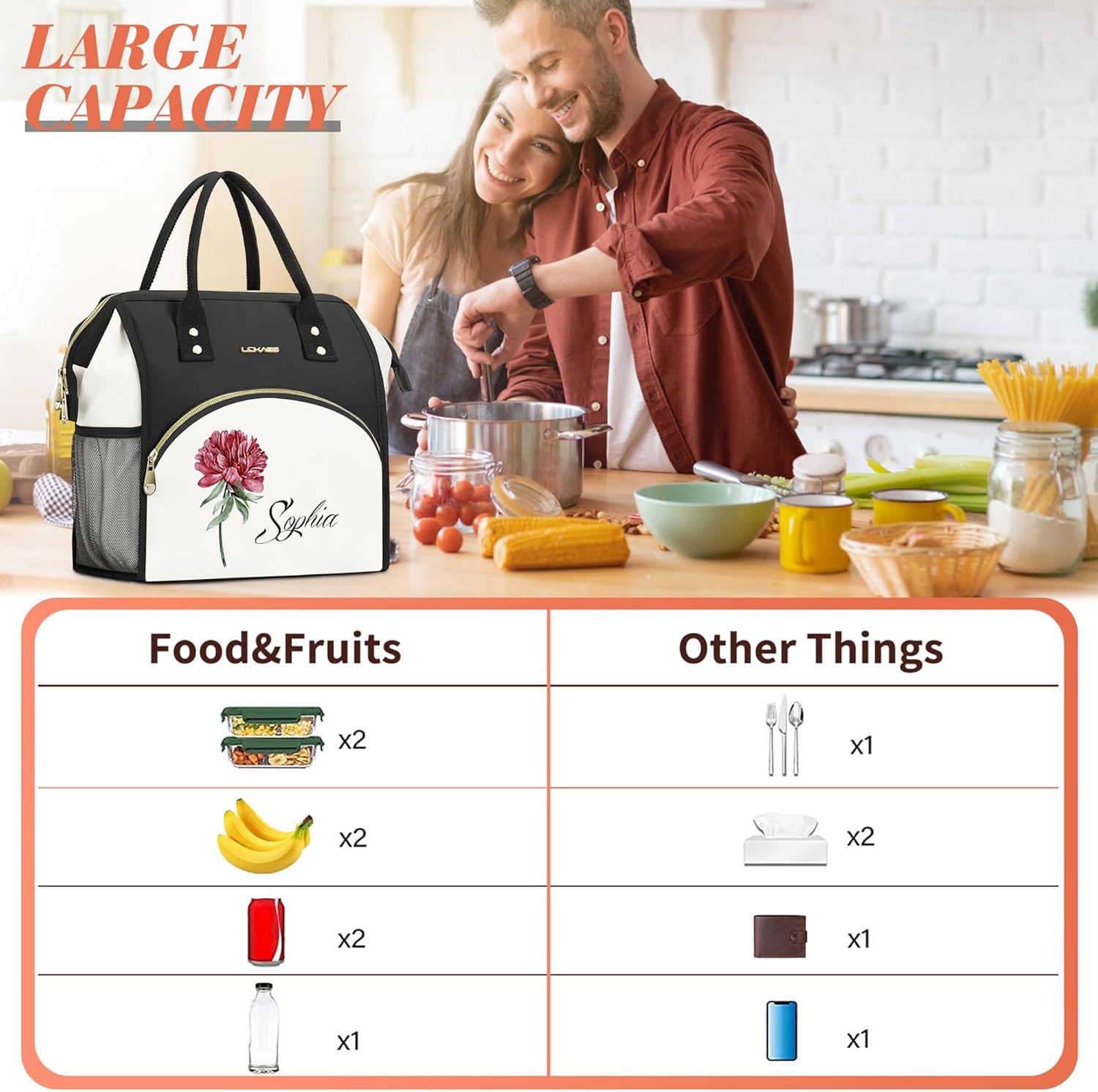 Personalized Lunch Box for Women, Custom Insulated Lunch Bags with Name and Birth Flower, Reusable Adult Lunch Box Water Resistant Cooler Bag for Work Picnic Travel (Colorful Brith Flower)
