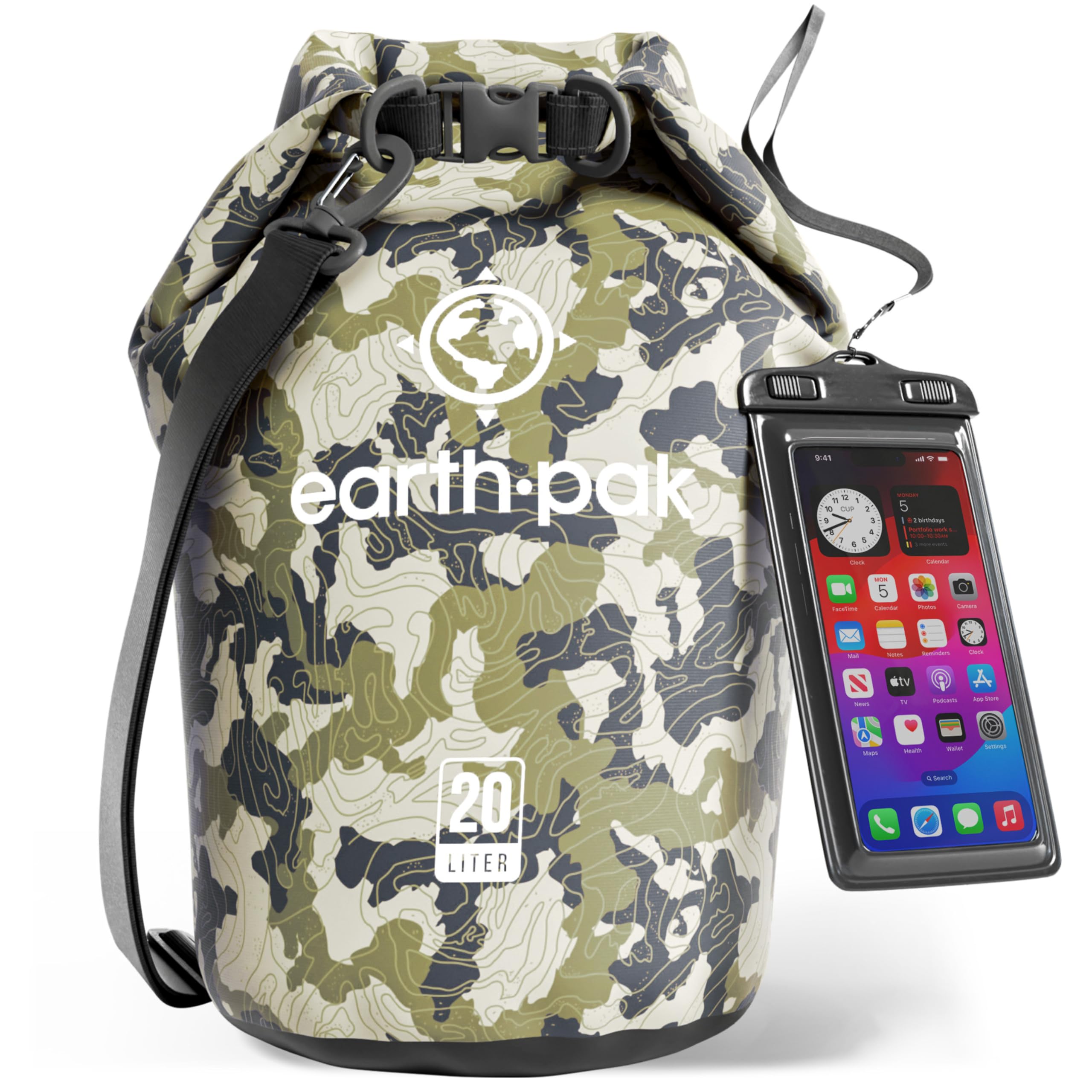 Earth Pak Borsa Impermeabile Roll Top, Sacca Compressione Asciutta per Kayak, Spiaggia, Rafting, Canottaggio, Trekking, Campeggio, Pesca con Custodia Telefono Impermeabile