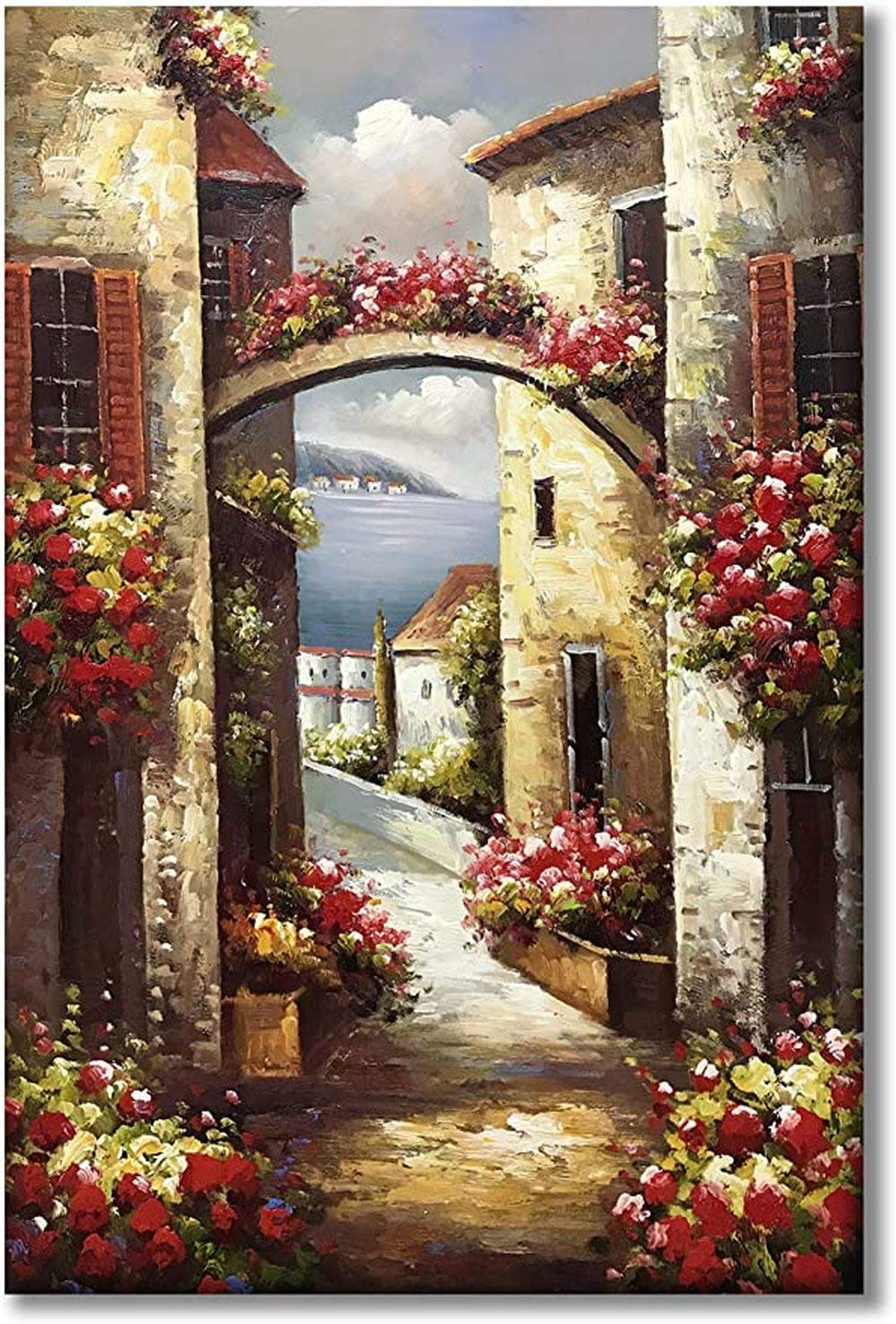 yongchun Painted Canvas Wall Art Italy Town Mediterranean Tuscany Sea Coast Flowers Oil Painting Stretched and Framed Ready to Hang Landscape Scenery Wall Decor Canvas Wall Art Print,40X50cm