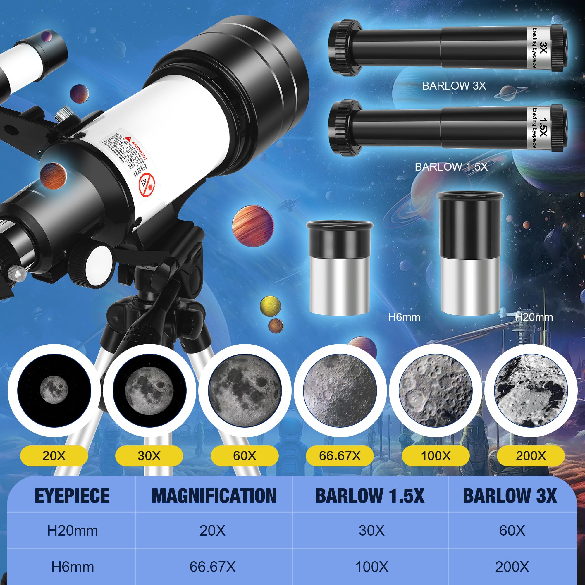 Telescopio Astronomico HUGERSTAR Per Bambini E Principianti, 70 Mm Apertura, 300 Mm Focale - Con Treppiede E Filtro Lunare