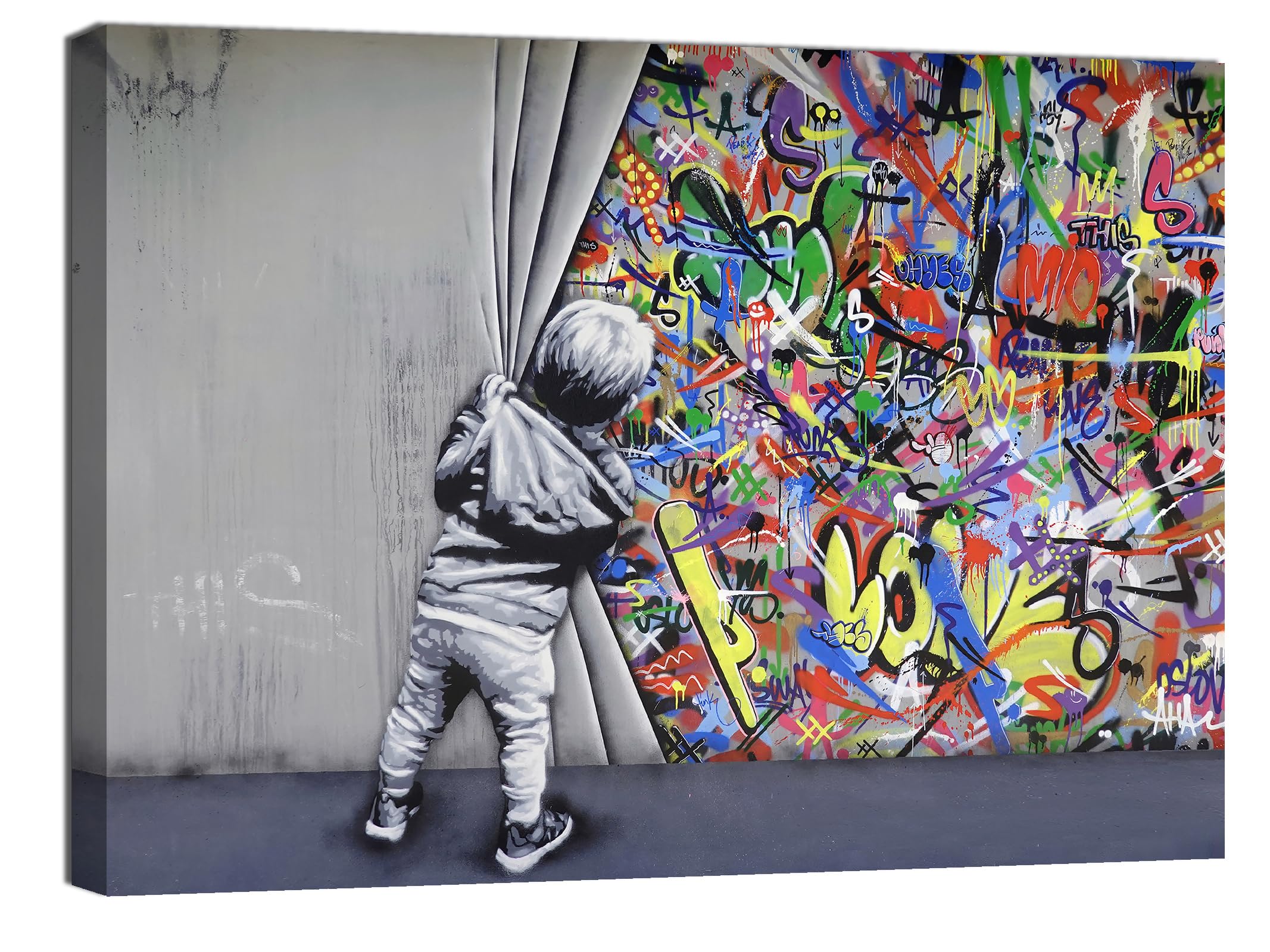 Quadro Moderno Banksy Su Tela 120x70 Cm - Bambino Apre Sipario - Street Art Per Soggiorno - Foto 6