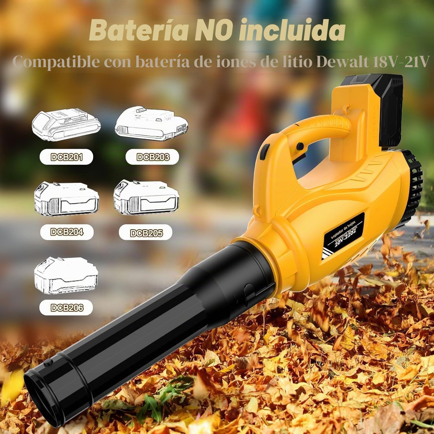 Soplador de Hojas Eléctrico Compatible con Dewalt 20 V, Batería de 300 km/h, 6 Velocidades Soplador de Aire Potente, Extraíble, Utilizado para Limpiar Hojas De Jardín, Nieve, Polvo (Amarillo)