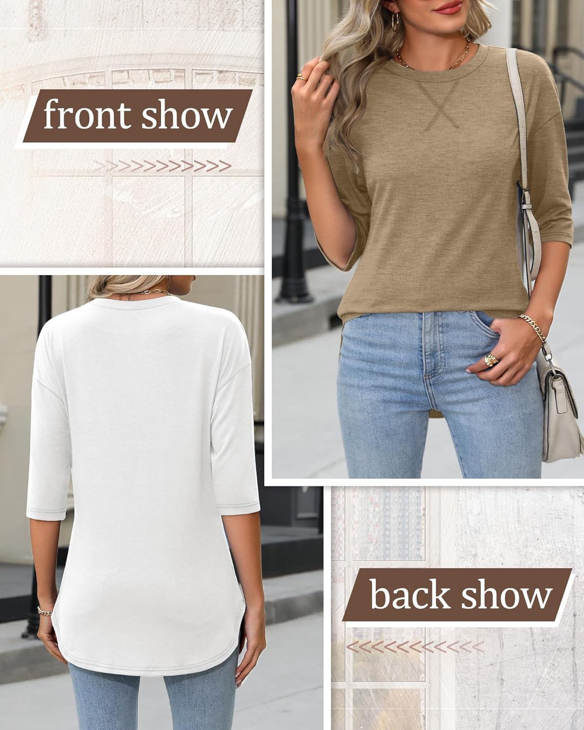 Riyiper 3 Pack Elbow Length Tee Shirts for Women 3/4 Sleeve Tunic Tops Round Neck Curved Hem Leggings Blouse - Image 6