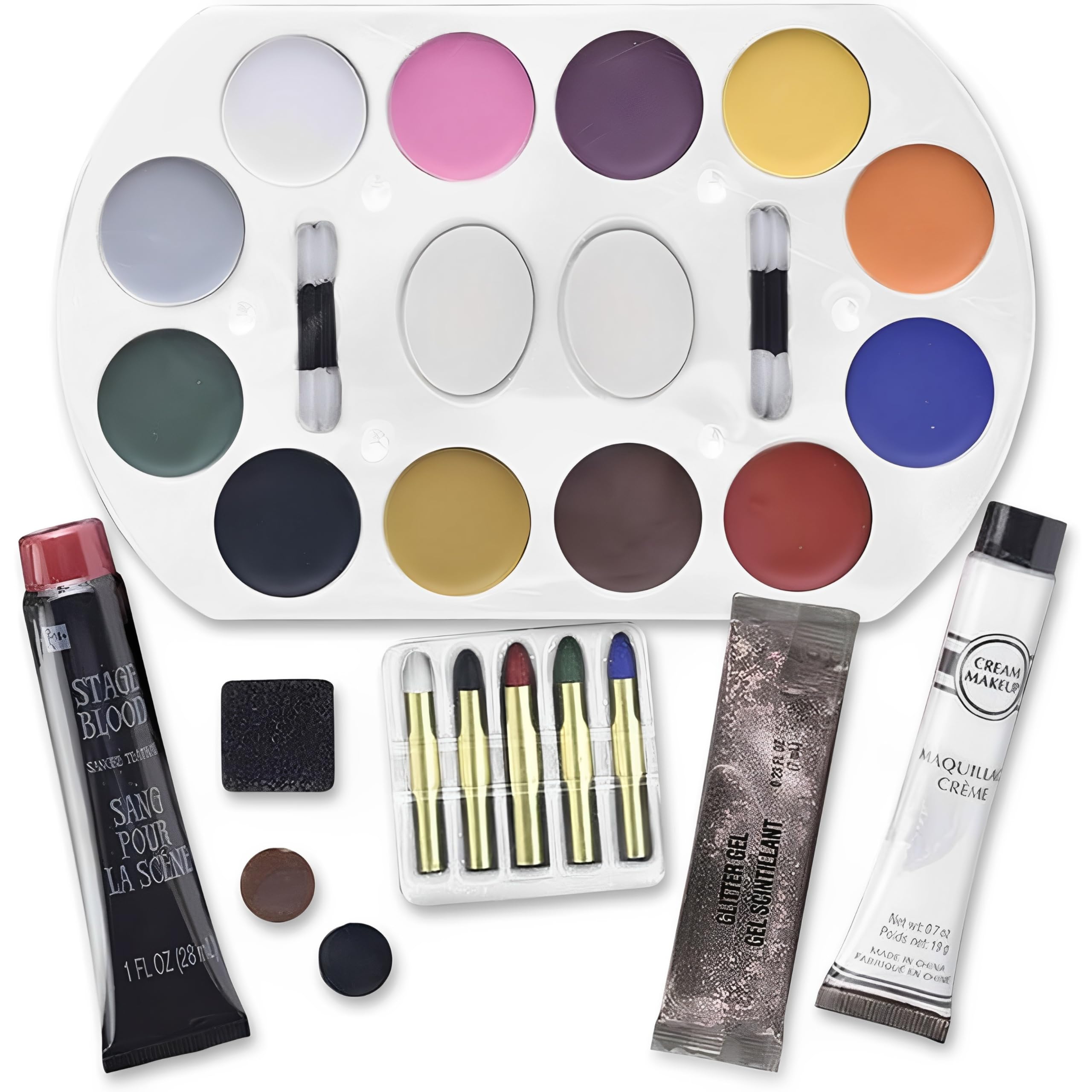 All In One Makeup Kit - 1 Count - Includes Makeup Tray, Cream Makeup Tube, Stage Blood, Makeup Sticks, Glitter Gel, Scar Wax, Tooth Wax, & Stipple Sponge Applicators - Perfect Halloween Party Props