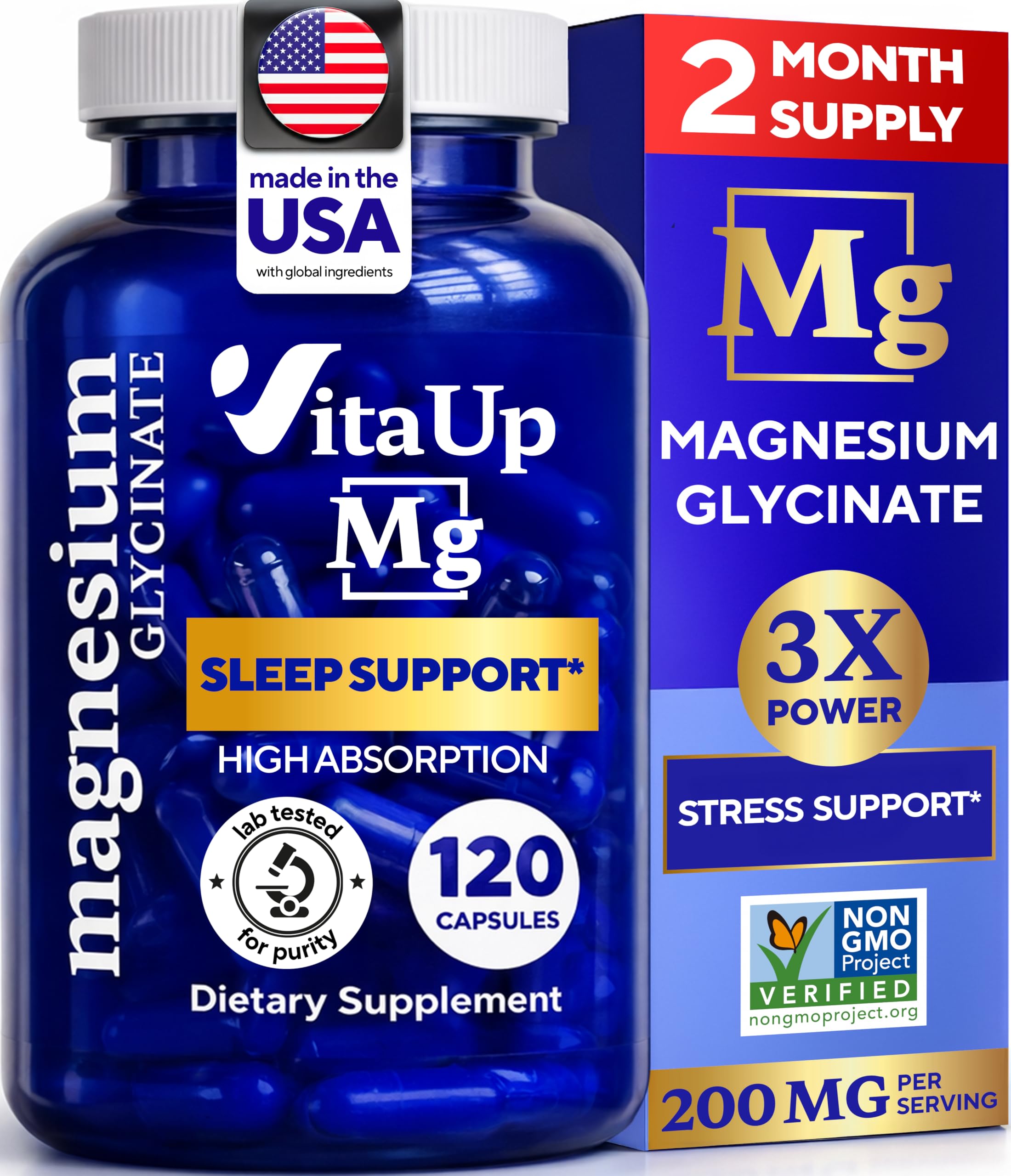 Magnesium Glycinate 200mg - USA Made, Highly Absorbed, Non-GMO Magnesium for Relaxation, Deep Sleep, Bones & Heart - 200mg per Serving, 120 Vegan Capsules
