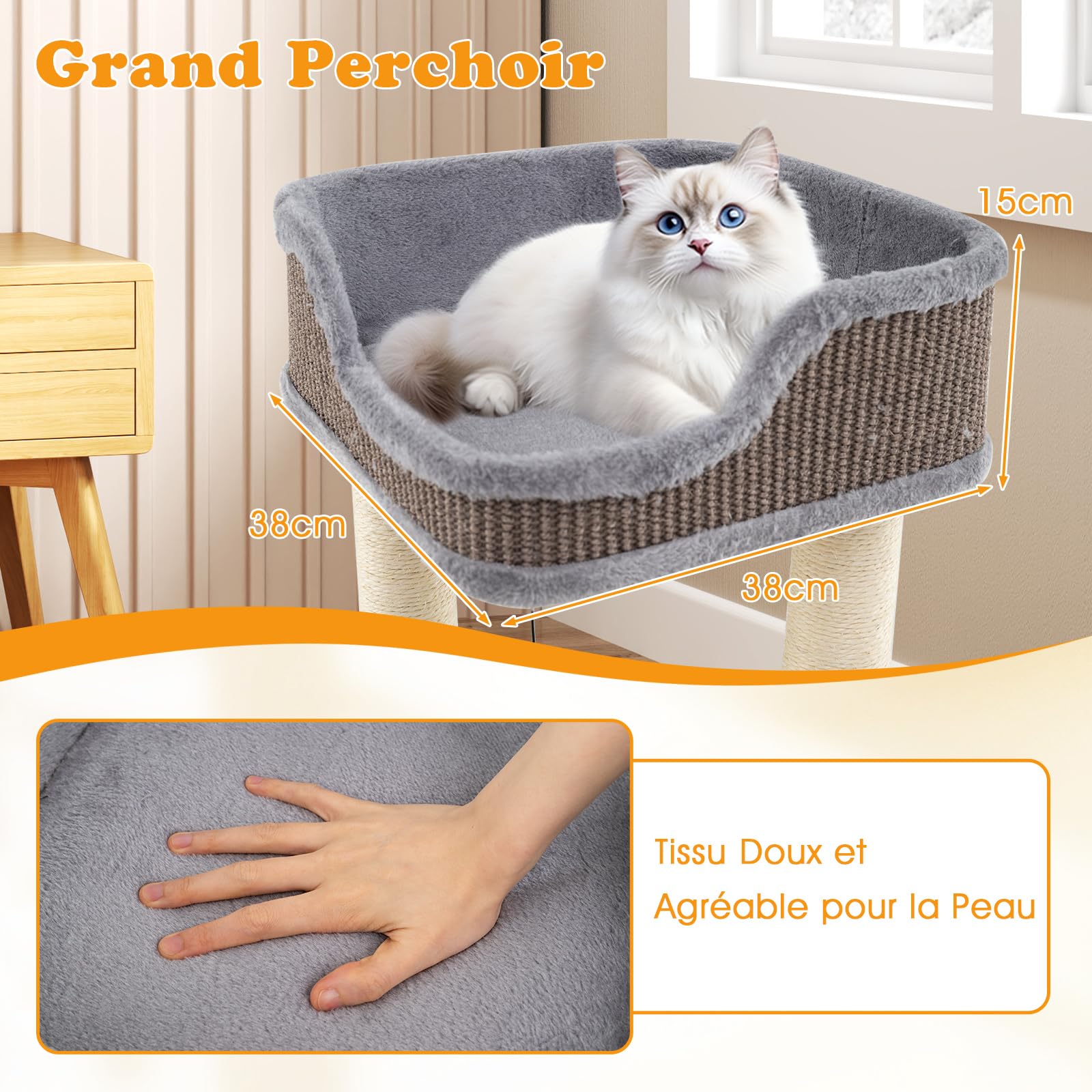 GOPLUS Arbre a Chat à 2 Niveaux avec Balle Suspendue et Clochette, Arbre à Chat Petit avec Perchoir en Peluche, 2 Poteaux à Gratter en Sisal, Centre d'Activité pour Chatons d'Intérieur (Gris)