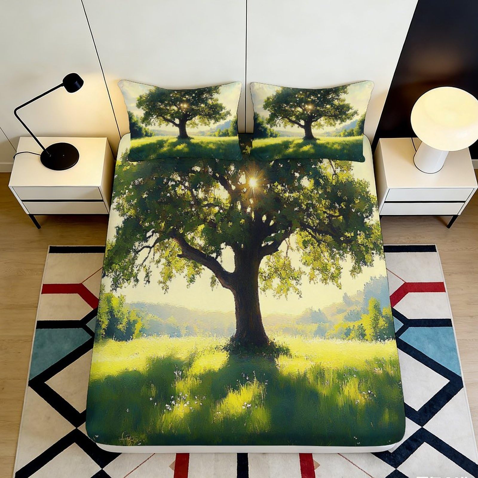 3D Printed Tree of Life Fitted Sheet Microfiber Green Nature Sunrise Forest Mattress Cover Bedroom Home Decor 90x200x25cm