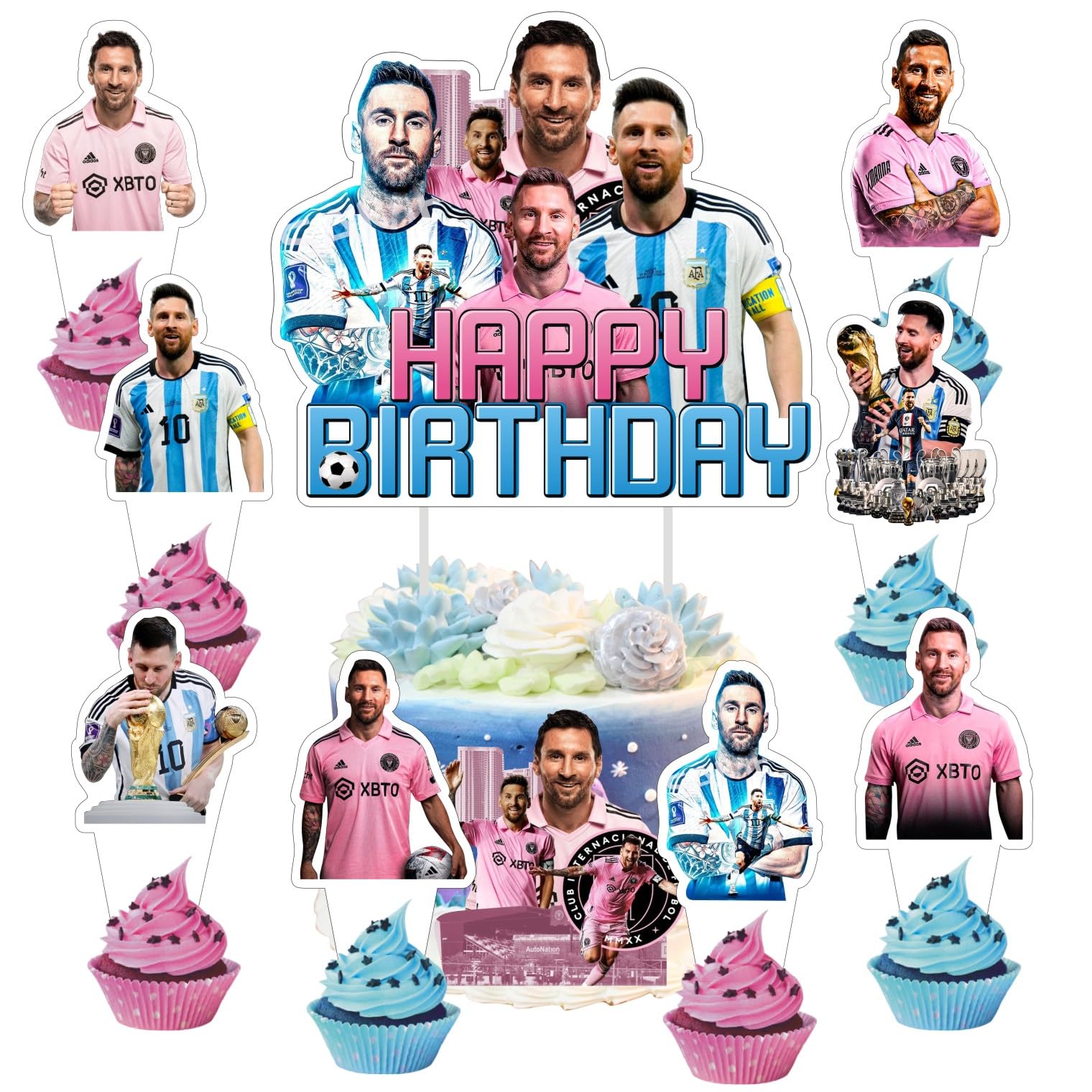 25pcs Soccer Cake Decorations with 1pcs Cake Topper, 24pcs Cupcake Toppers for Football Birthday Party Supplies