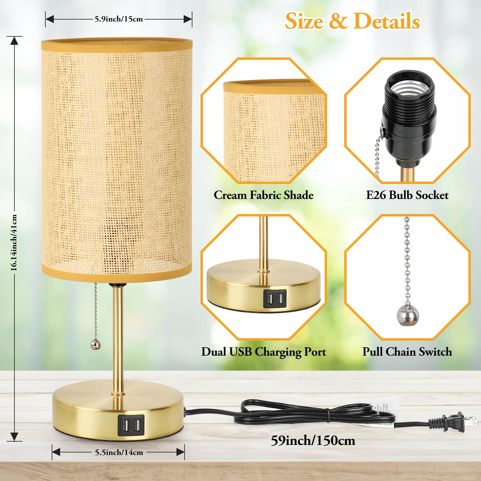 Klassische Nachttischlampe mit 2 USB-Anschlüssen, Nachttischlampen mit Zugkette, Schreibtischlampen aus gewebtem Bambus mit Rattanschirm und goldenem Metallsockel für Schlafzimmer, 2 Stück