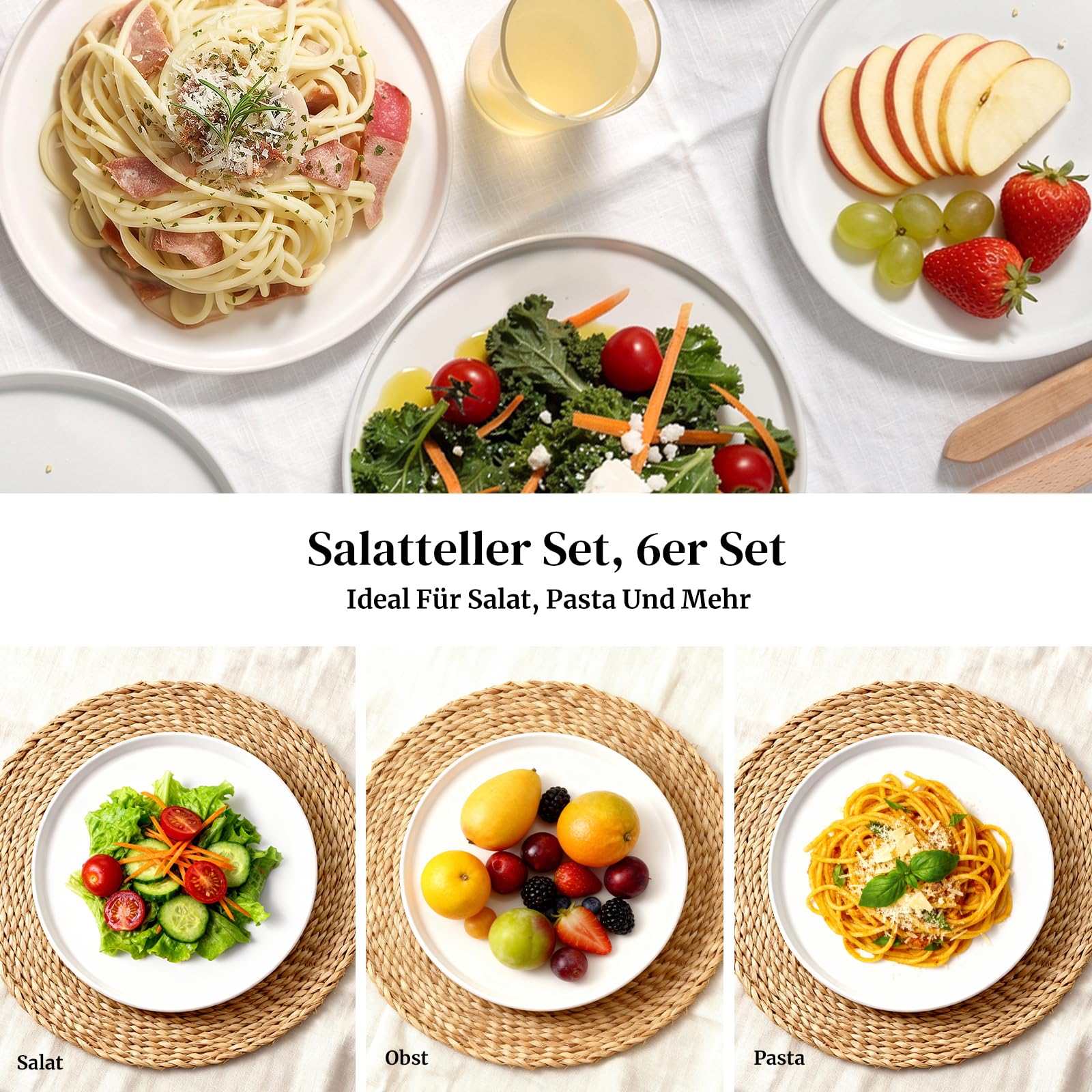 DOWAN Speiseteller 6er Set 20,2 cm, Porzellan Kuchenteller Weiß, Dessertteller & Frühstücksteller, Stapelbar, Kratzfest, Spülmaschinen-, Mikrowellen- & Backofenfest