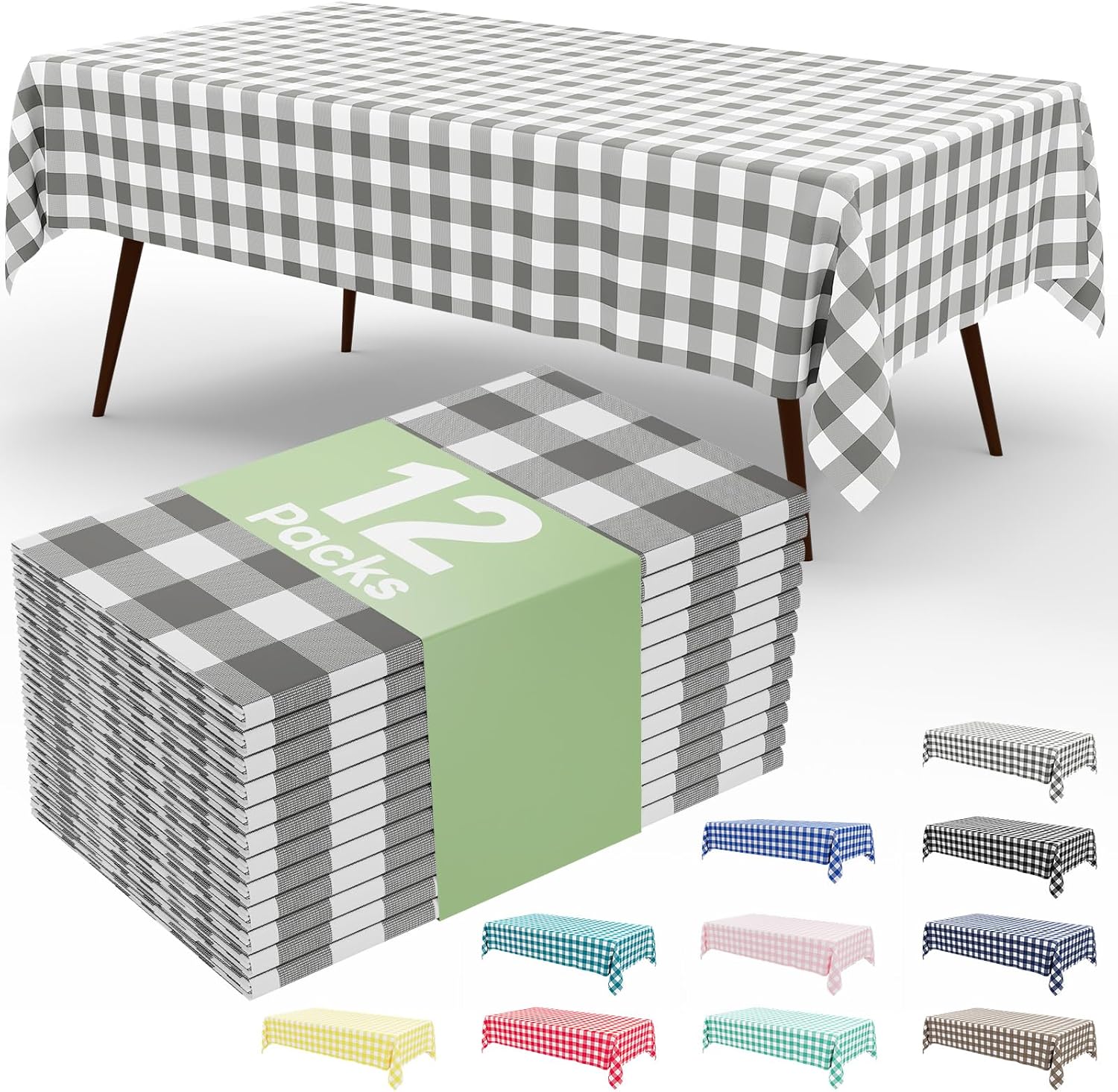 misaya 12 Packs Grey White Buffalo Gingham Plastic Disposable Table Cloth