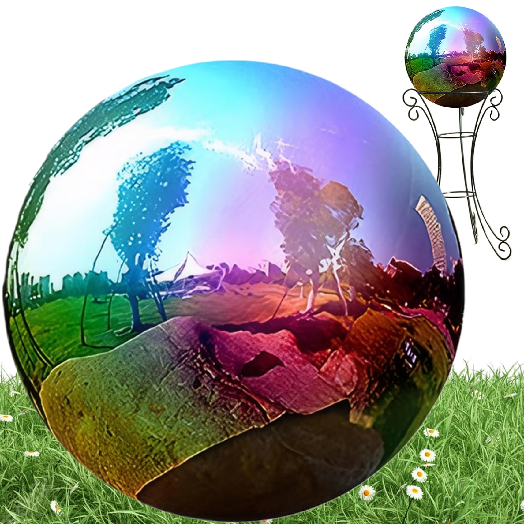 CAKEEYUM 10 Inch Stainless Steel Garden Gazing Ball 360° Mirror Rainbow Reflective Gazing Globe Polished Hollow Ball for Pond Swimming Pool Patio Lawn
