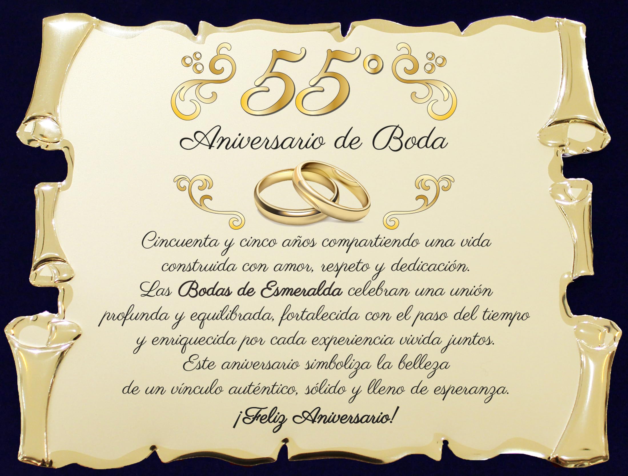 Placa Bodas de Esmeralda – 55° Aniversario de Boda | Placa Conmemorativa para Bodas de Esmeralda en Aluminio Dorado | Regalo Elegante para 55 Años de Matrimonio con Estuche de Lujo