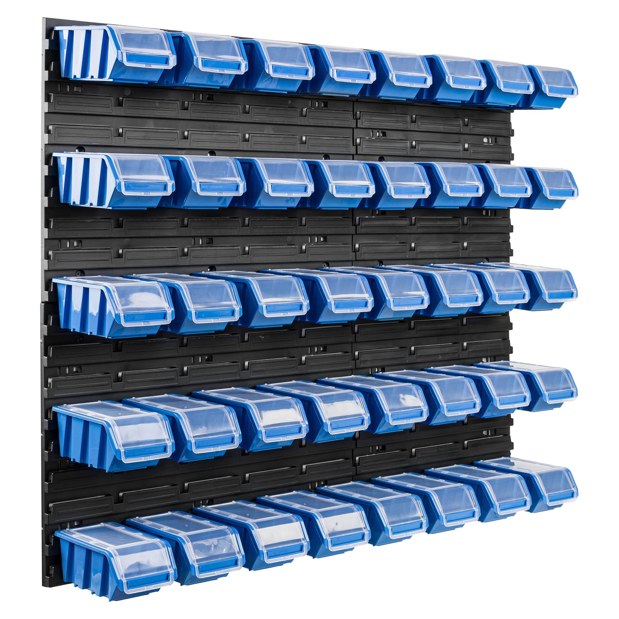 Lot de 40 boîtes de rangement empilables en plastique bleu avec couvercle et panneau murale 96,5 x 78 cm, bacs a bec a accrocher pour clous vis, garage, atelier