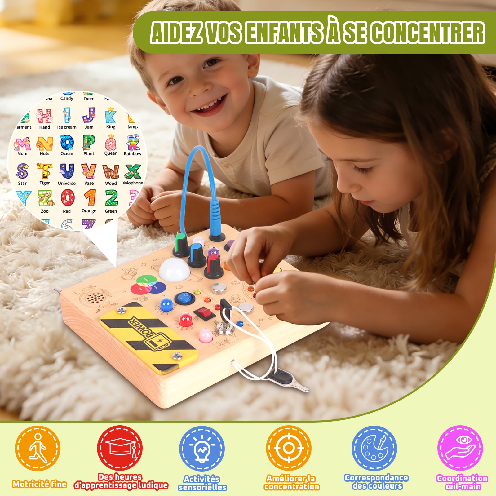 Tableau d'activités Montessori Jouet en bois à partir de 1 an Tableau d'activités avec 12 interrupteurs & 24 LED Jouet d'apprentissage sensoriel avec appareil musical & fonction de mélange de couleurs