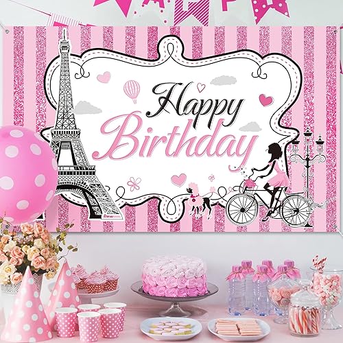 Miniatura 4 de Fondo de fotografía de la Torre Eiffel de París, decoración de fiesta de París, con rayas rosadas dulces, suministros de fiesta de cumpleaños para