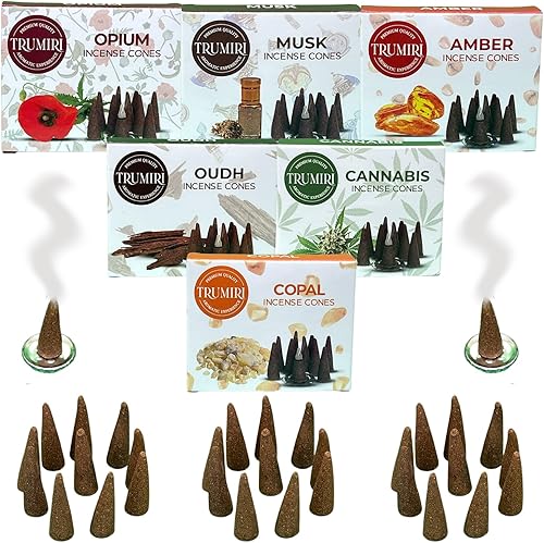 Miniatura 9 de Trumiri Conos de incienso exóticos, paquete variado, total de 60 conos de incienso (6 aromas x 10 conos) - Copal, Oud, almizcle, ámbar - aromas de