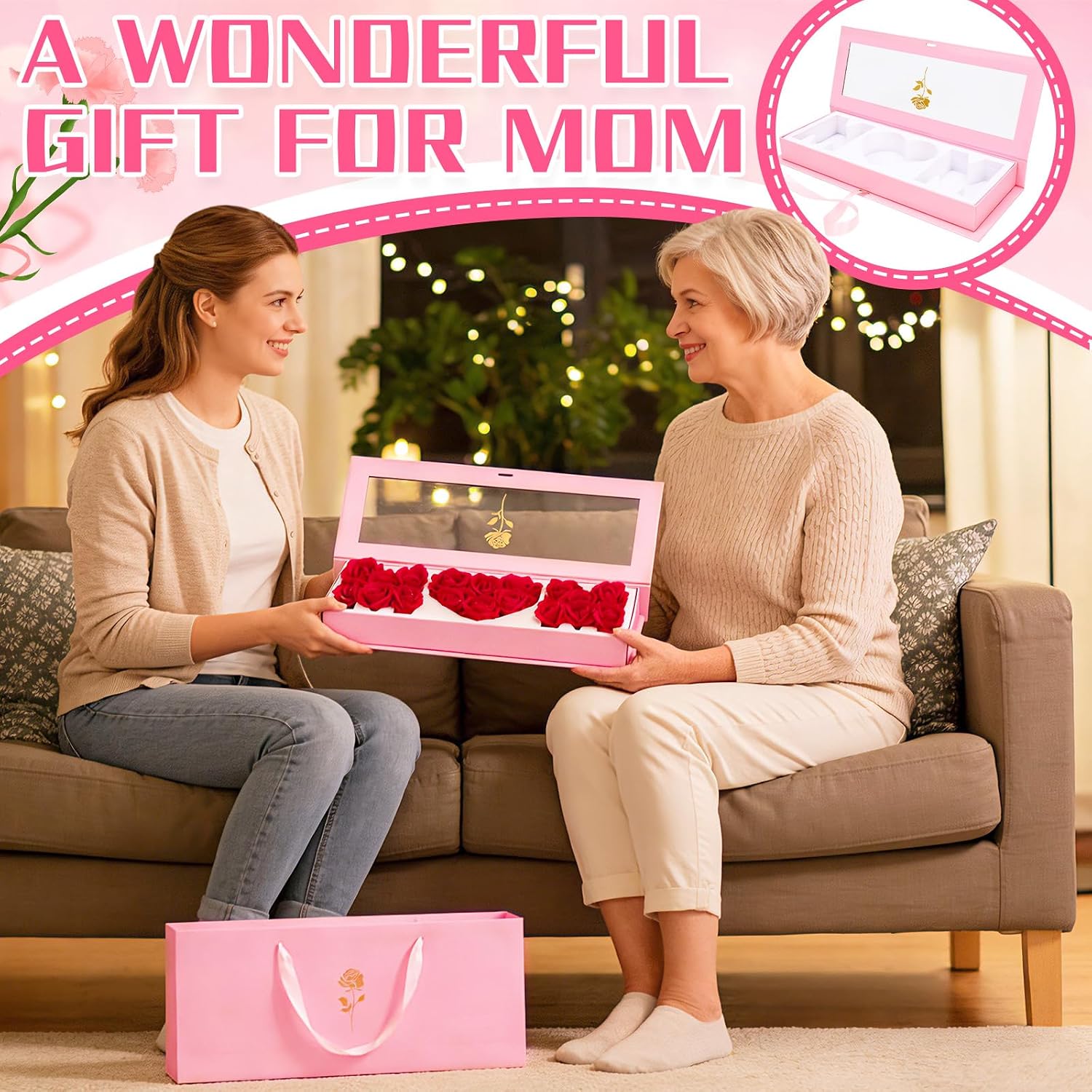 QAUYETM 6 Set Empty Mom Box, Mothers Day Flower Gift Box Mom Letter-Shaped Thicker Fillable Flowers Candy Boxes with Tote Bags for Mother's Day Anniversary Birthday (Pink)