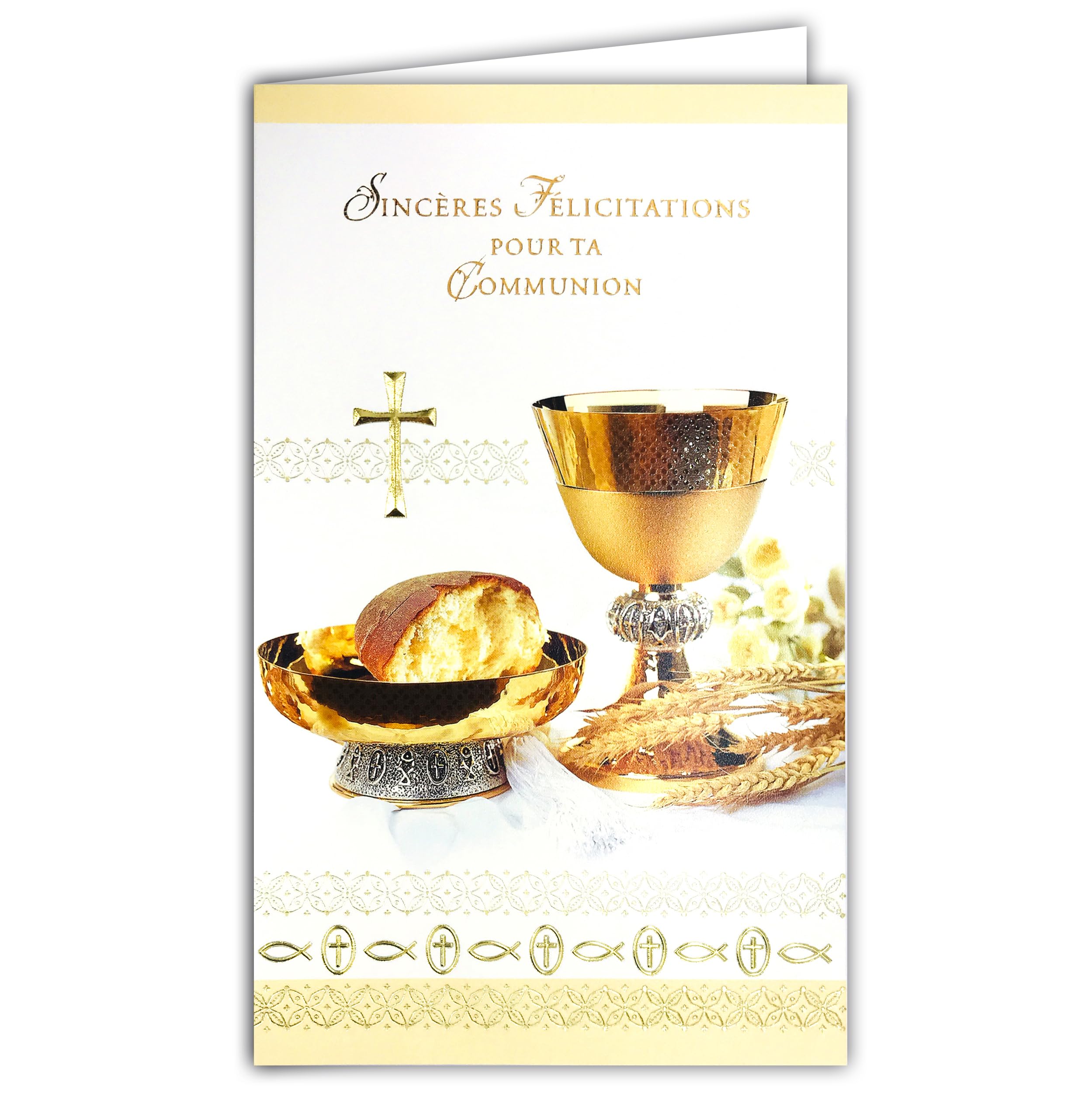 AFIE 19-650 Money Holder Card with Envelope Sincere Congratulations on Your Eucharistic Communion Christian Cross Catholic Gold Shiny Gold Wheat Bread Wine Fish Chalice Cup Ciborium