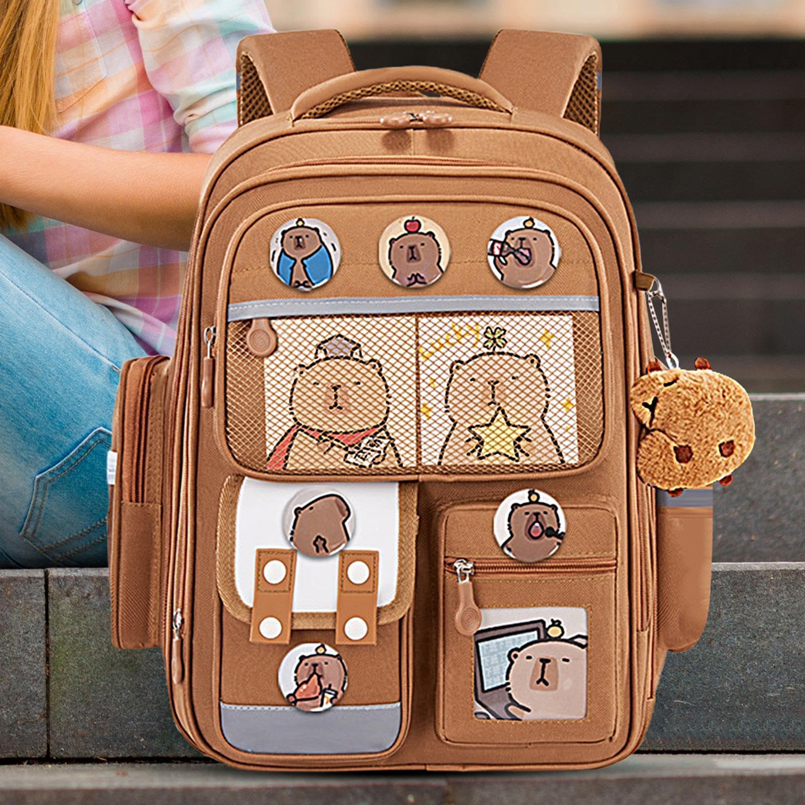 Zaino da Viaggio Libri Zaino Colorato, Ampia Capacità, Carte Distintivi | Design Animali Divertenti Include Distintivi, Ciondoli per Bambini, Ragazzi, Libri, Cancelleria, Scuola, Viaggio