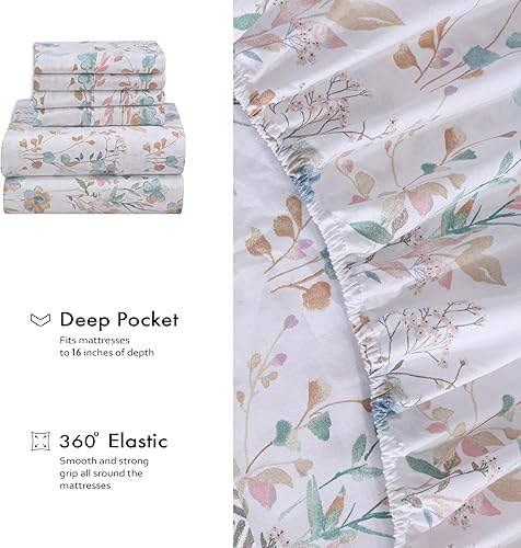 Miniatura 6 de RUVANTI 4 piezas de sábanas de algodón - 100% algodón natural suave, ligero y transpirable, sábanas de percal crujiente, juego de sábanas