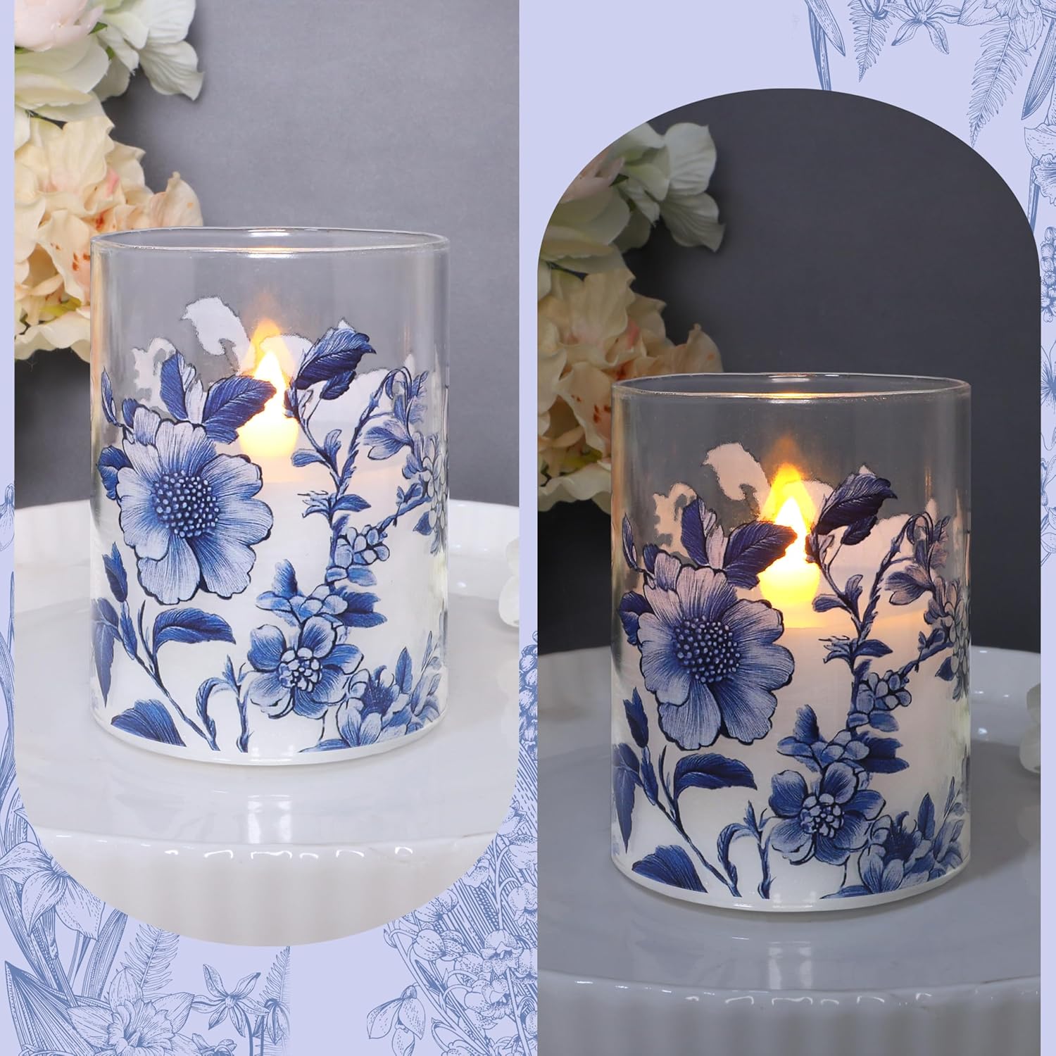 Flameless Candles Glass with Remote Control & Timer Function, Blue and White Porcelain Theme Design, Home Party Wedding Christmas Valentine's Day Decor, Set of 3