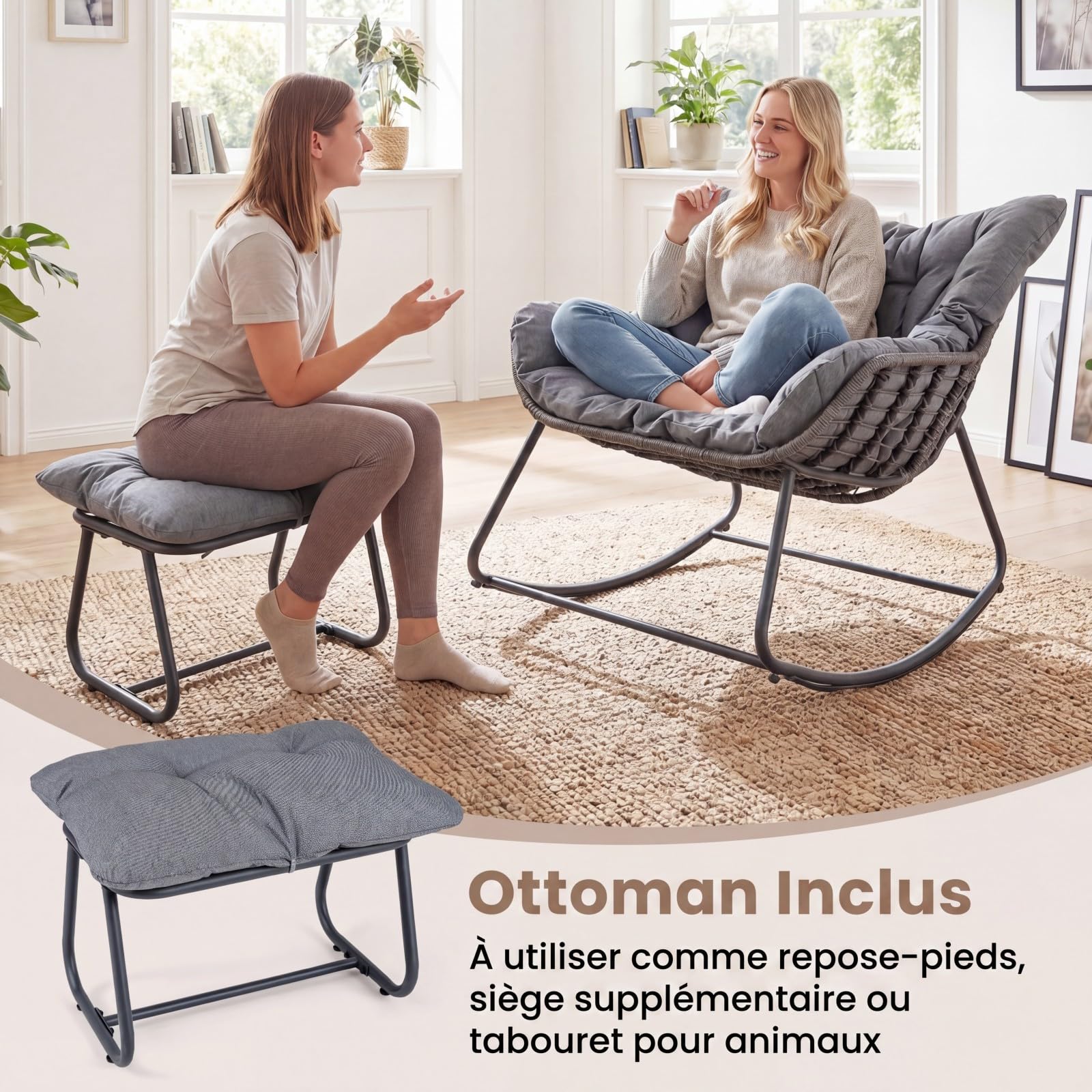 COSTWAY Fauteuil à Bascule Exterieur Interieur avec Repose-Pieds, Chaise de Jardin en Rotin PE & Métal, Coussin Épais Amovible, Fauteuil Œuf pour Balcon Terrasse Jardin Salon, Charge 150+75 kg (Gris)
