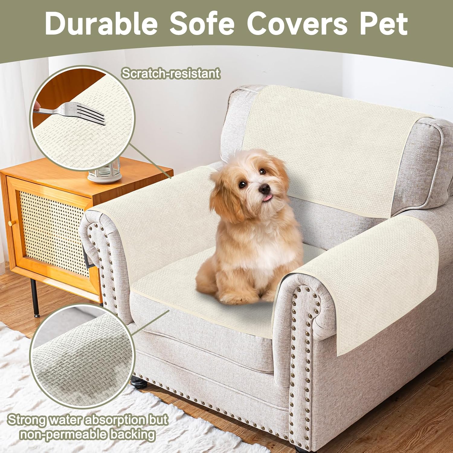 Couch Arm Covers, Sofa Arm Cover, Anti-Slip Waterproof Armrest Covers, Pet Proof Armrest Protectors for Couch Loveseat Armchair Headrest, Arm Chair Covers Set of 2 (Cream, 24" x 20" - 2 pcs)