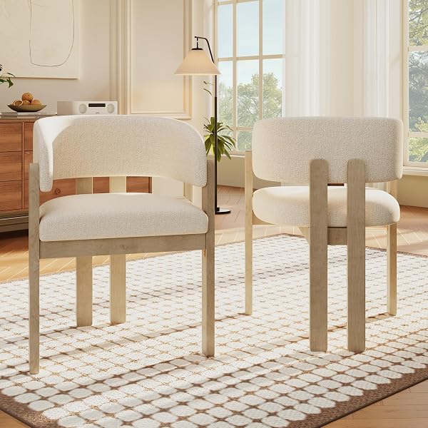 Merax Solid Wood Dining Chairs, Set of 4, Upholstered Kitchen Chairs, Rounded Back Rest, suitable for Kitchen and Dining Room, Modern Scandi Design, Solid Wood+Boucle, Natural+Beige - 5