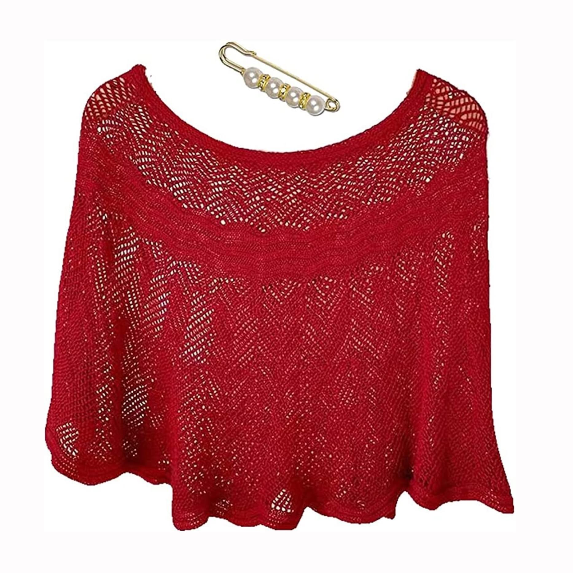 Xirujnfd Red Knitted Sun-Proof Ice Silk Shawl, 2022 Knitted Sun-Proof Shawls, Summer Shawls And Wraps With Pearl Pin (,M)