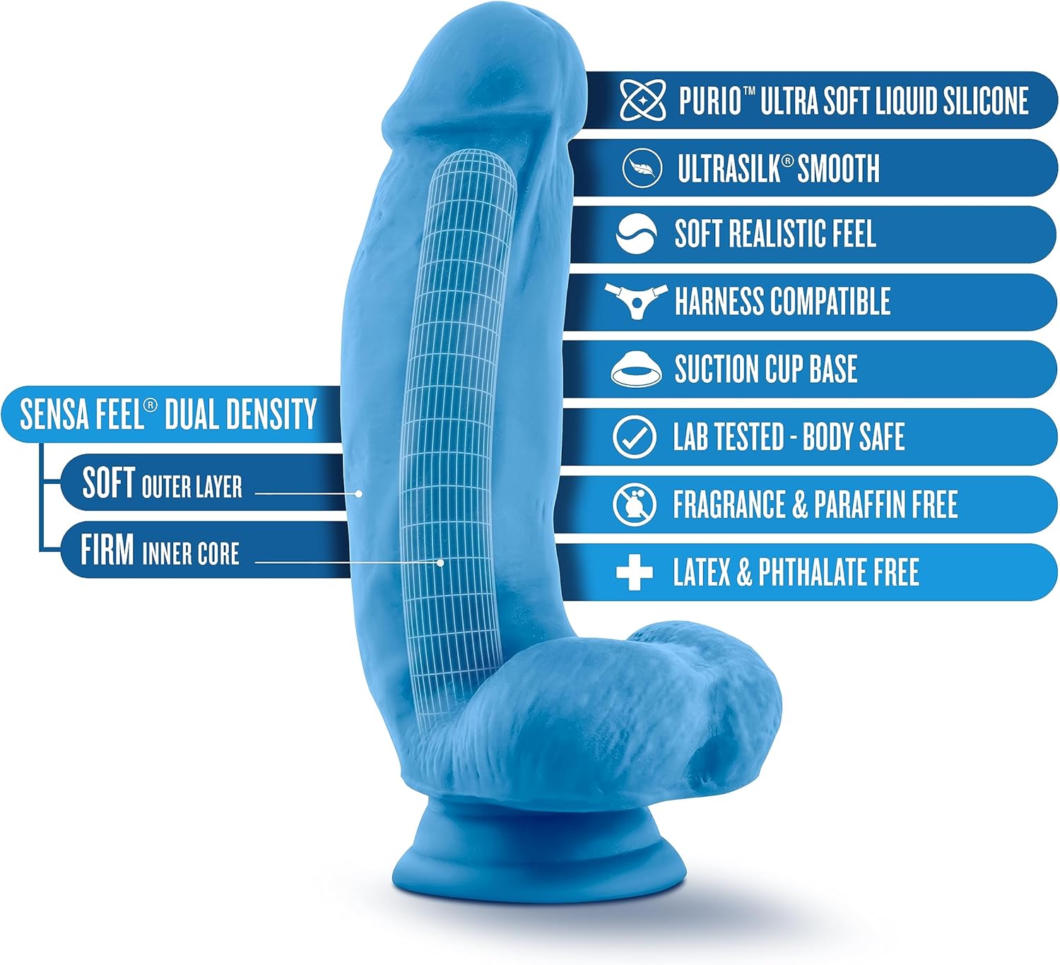 Blush Neo Elite Neon Blue 7" Silicone Dildo w/Balls, Dual Density Realistic Satin Smooth Thick Cock, Suction Cup, Harness Compatible, Body-Safe Vaginal & Pegging Adult Sex Toy for Women, Men, Couples