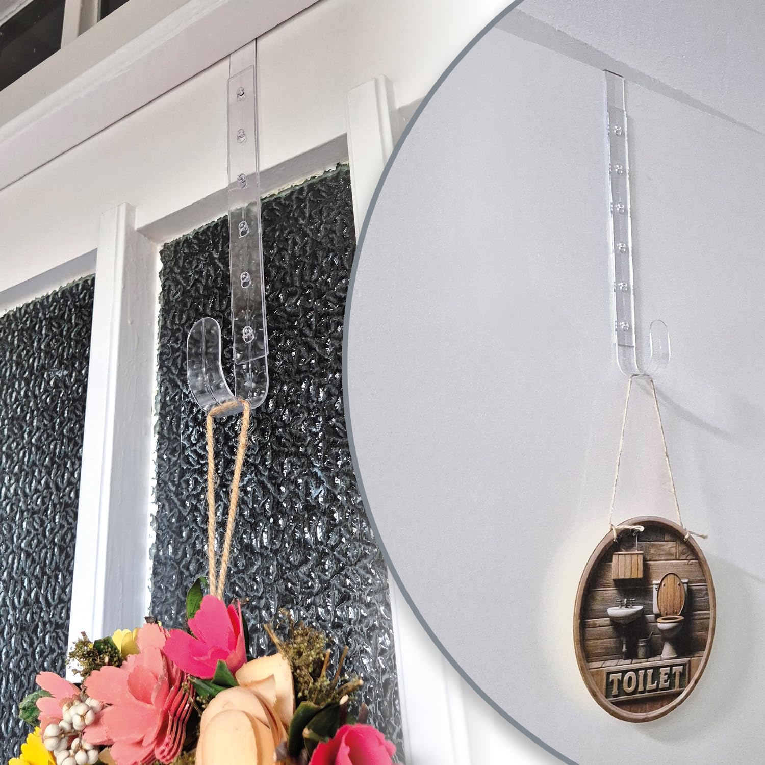 com-four® 2X Ganci per Porte in plastica Regolabili – Ganci Multiuso per Appendere ghirlande Decorative e Giacche – Facile Installazione Senza Foratura per Porte d'ingresso