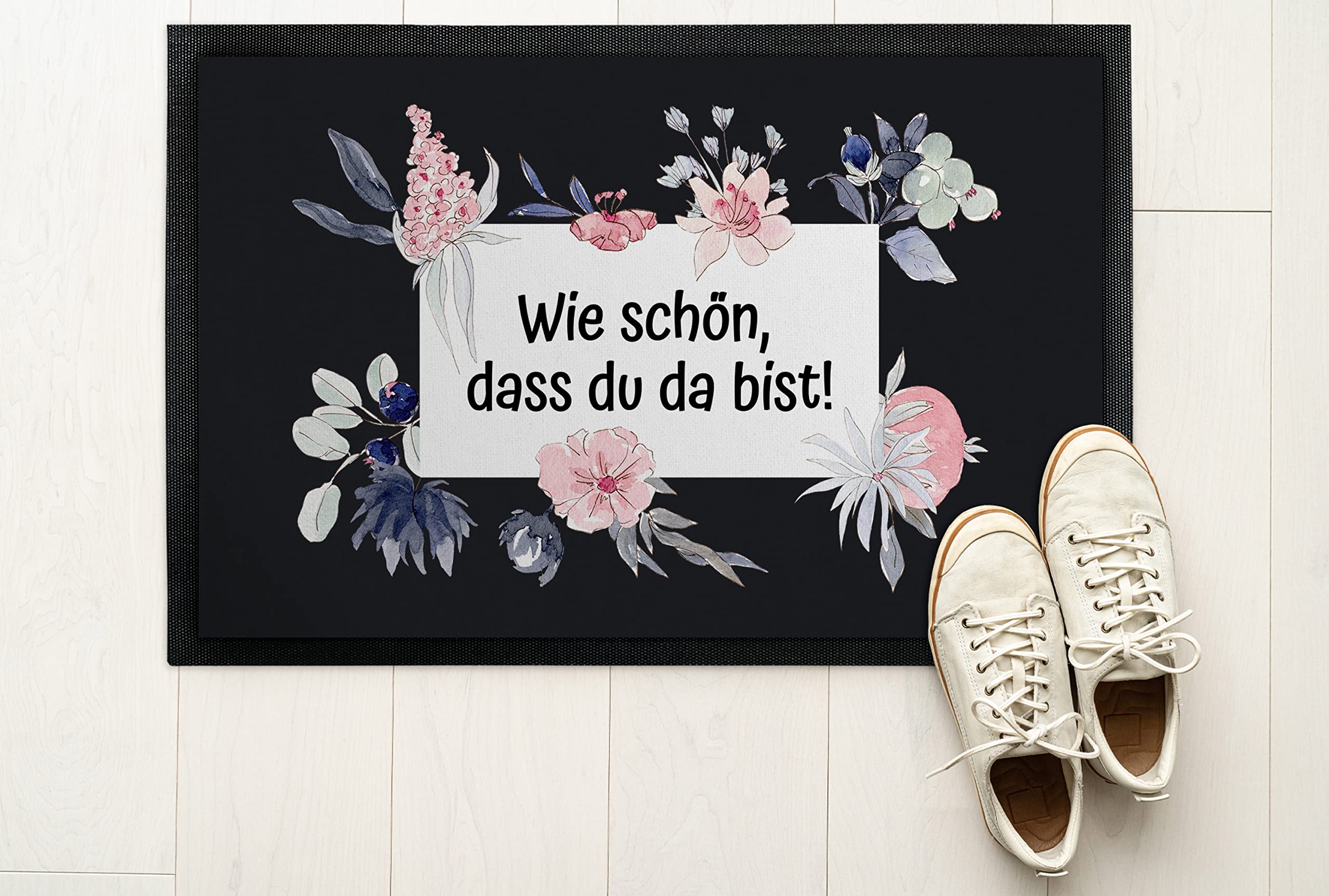 Deko-Fußmatte 75x50 cm mit Spruch „Wie schön, dass du da bist!“ - extra dünne Türmatte mit rutschfester Rückseite & Velours-Oberfläche - Deko-Matte für Flur & Wohnung - Geschenk zum Einzug