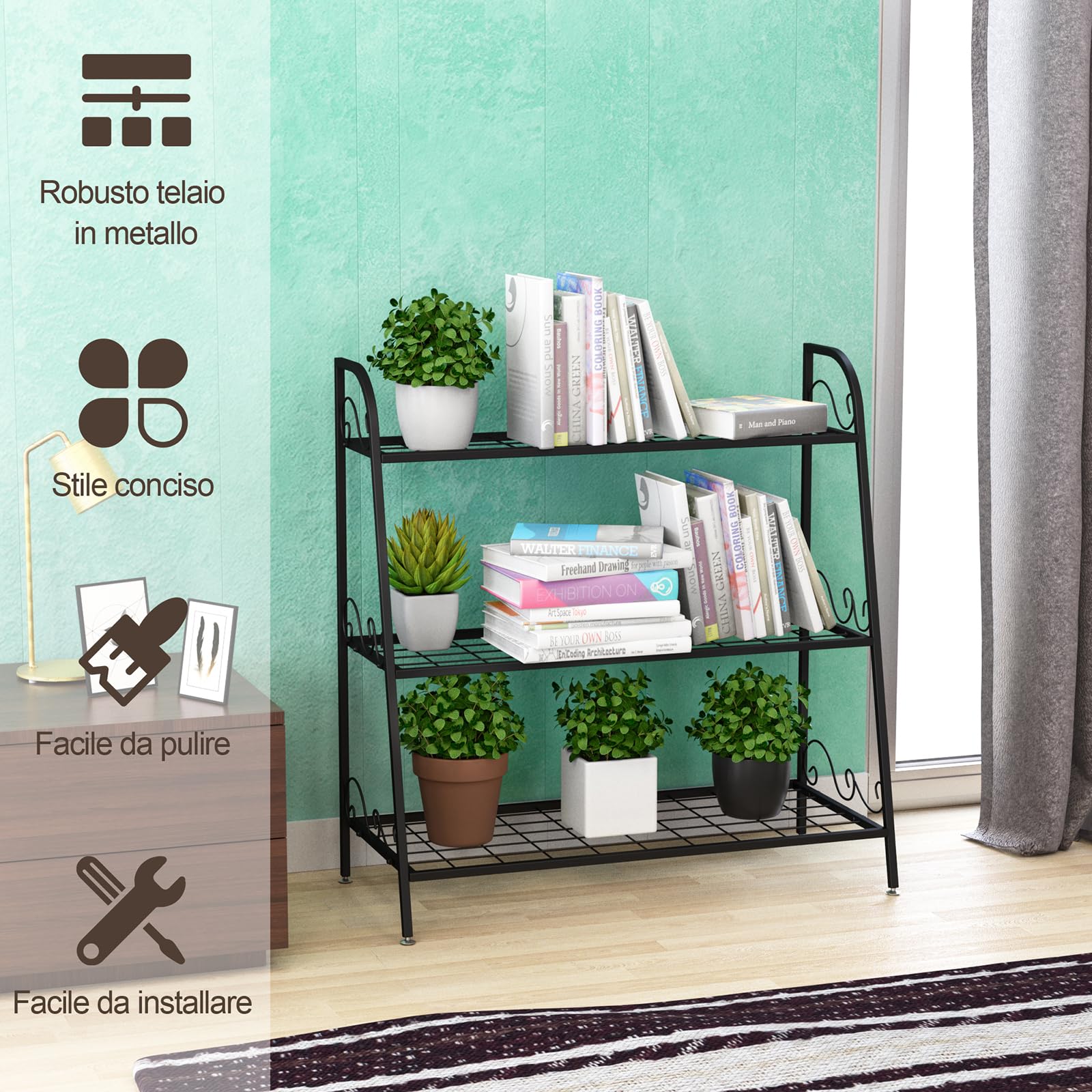 COSTWAY Scaffale Piante da Interno ed Esterno, Porta Fiori di Metallo a 3 Livelli con Piedini Regolabili, Porta Vasi per Giardino, Balcone e Soggiorno, 81 x 35 x 82 cm