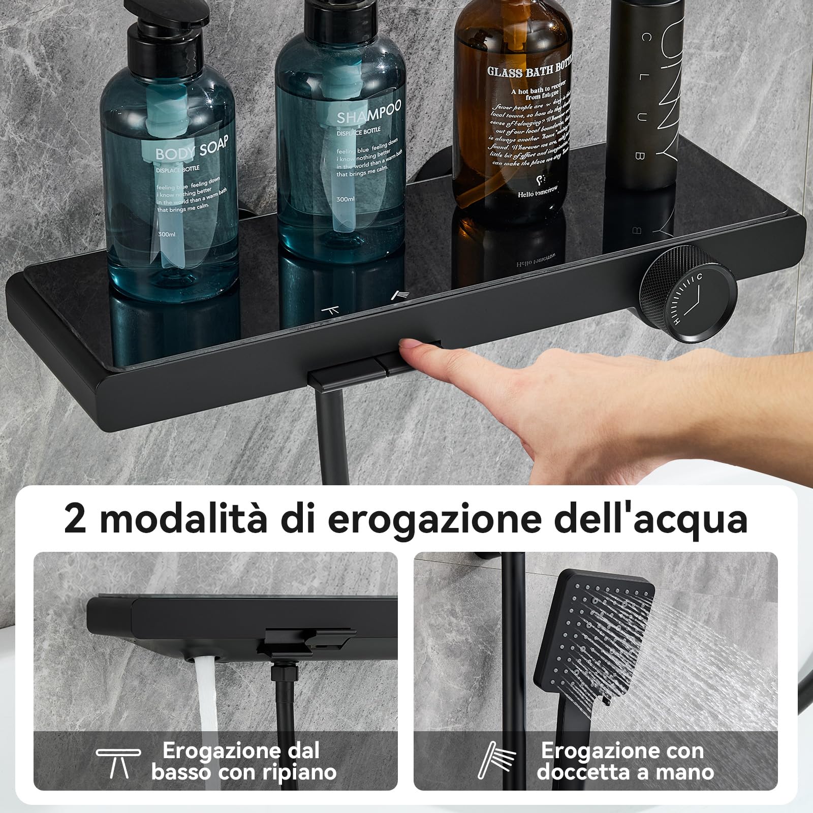 Auralum Colonna Doccia con Miscelatore può Essere Usata Come Mensola Doccia, Rubinetto Vasca da Bagno con 70cm Saliscendi Doccia e Soffione Doccia 6 Geti, Miscelatore Vasca da Bagno da Muro, Nero