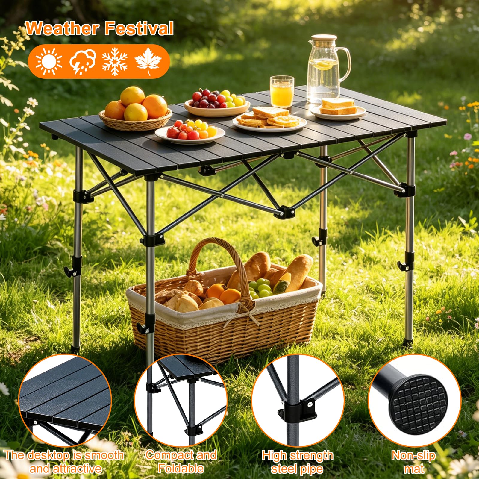 Table de Camping Pliante avec Dessus Enroulable, Réglable en Hauteur 95x55X (50-80) cm, Table Pliante de Pique-Nique avec Sac de Transport pour Camping Pique-Nique Barbecue Jardin