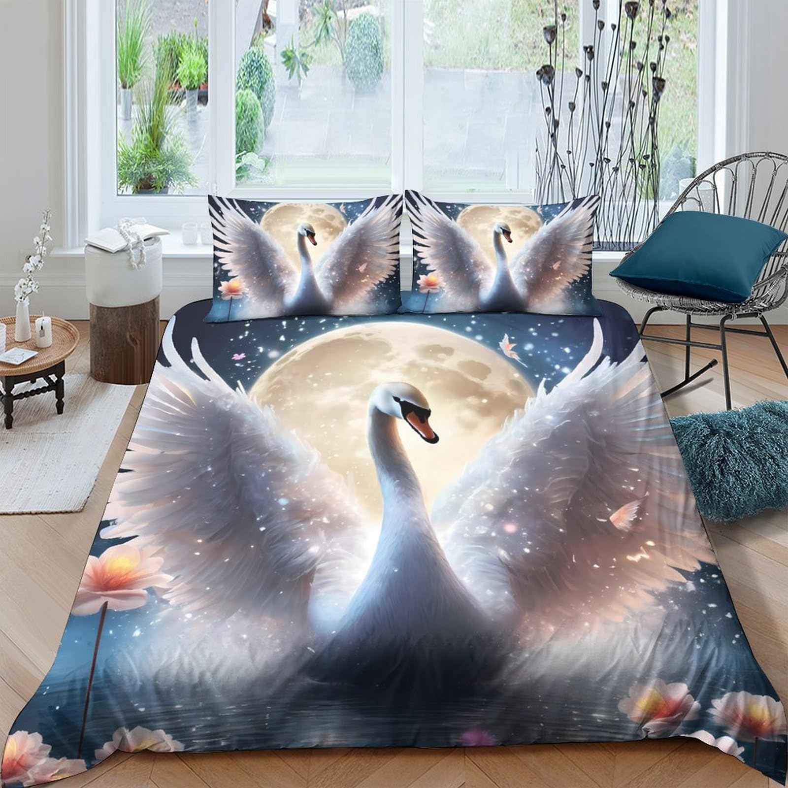 GPLZQXKJNH 3D Printed Swan Moonlight Duvet Cover Microfiber Soft Bedding Set with 2 Pillowcases for Bedroom Decor Apartment Single（135x200cm）