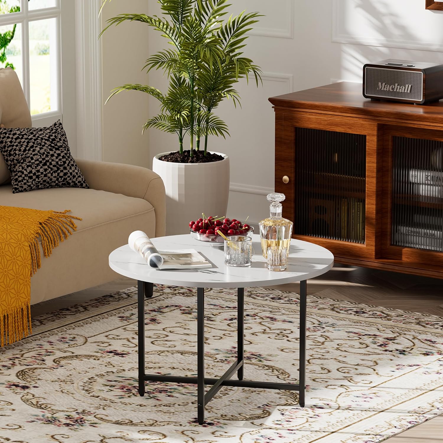 Round Coffee Table, Small Coffee Tables for Living Room, Low Wood Coffee Table with Metal Frame, Floor Table Desk for Sitting on The Floor, Home, Office, Rustic Brown (23.6" D x 17.7" H)