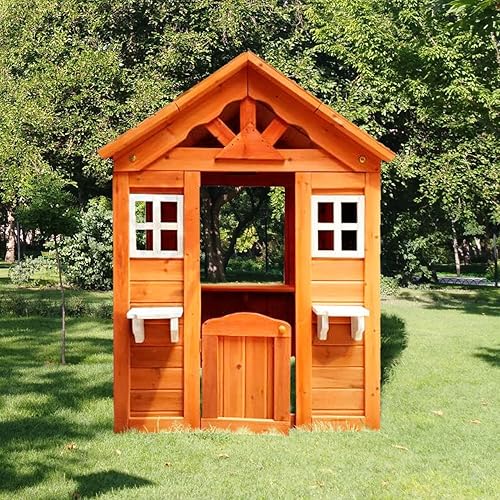 Lifeand Casa de juegos de madera para niños con 2 ventanas y soporte para maceta, 42 pulgadas de largo x 46 pulgadas de ancho x 55 pulgadas de alto,