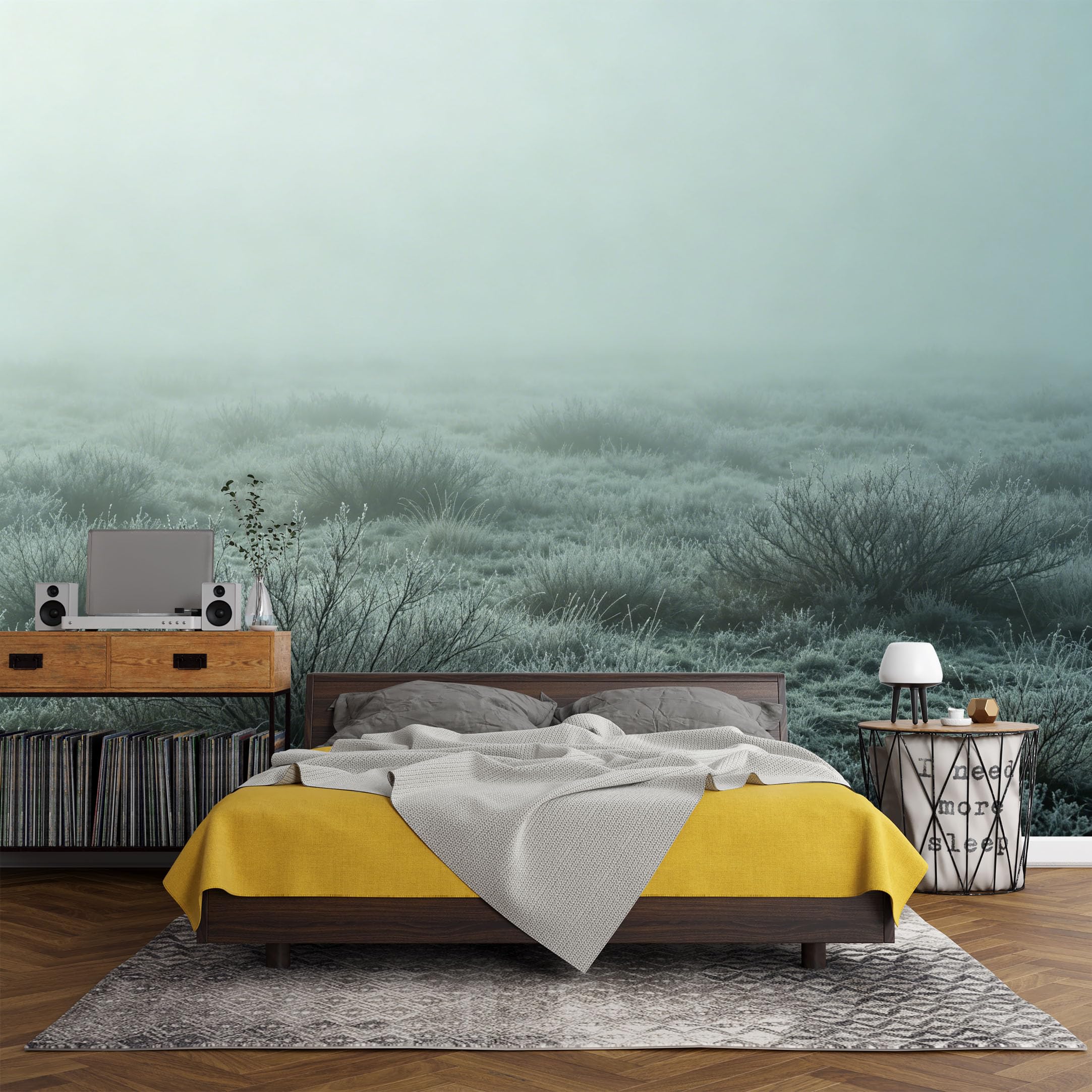 Custom Size Wall Mural， Misty Frosted Meadow Landscape Morning Fog Nature Scene，SelfAdhesive Art Prints wall Fabric (No PVC) Removable Wallpaper Living Room Decor