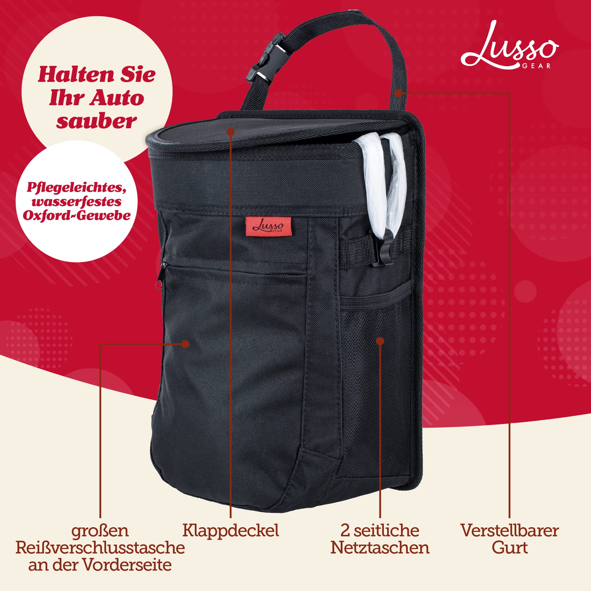 Lusso Gear Auslaufsicherer Automülleimer | 9,5 Liter Mülleimer Auto zum Aufhängen - Herausnehmbarer Innenbehälter - Aufbewahrungsfächer | Hält Auto LKW Minivan & SUV Sauber und Geruchsfrei (Schwarz)