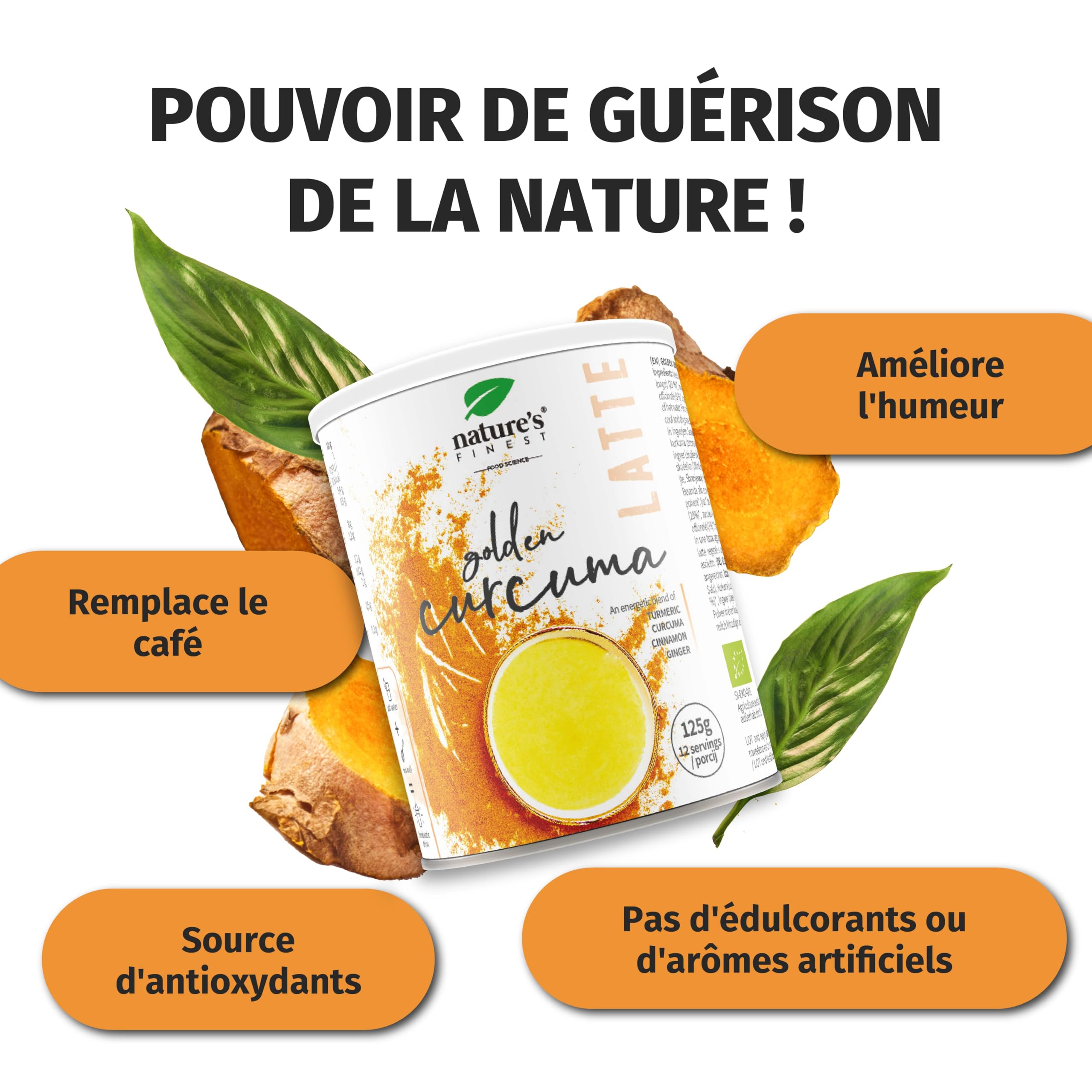 Nature's Finest Golden Curcuma Latte Bio, Curcuma-Cannelle 125 g (Lot de 3) | Lait d'or bio au curcuma (20 %), cannelle et gingembre, sucré au sucre de coco - latte doré crémeux au lait végétal